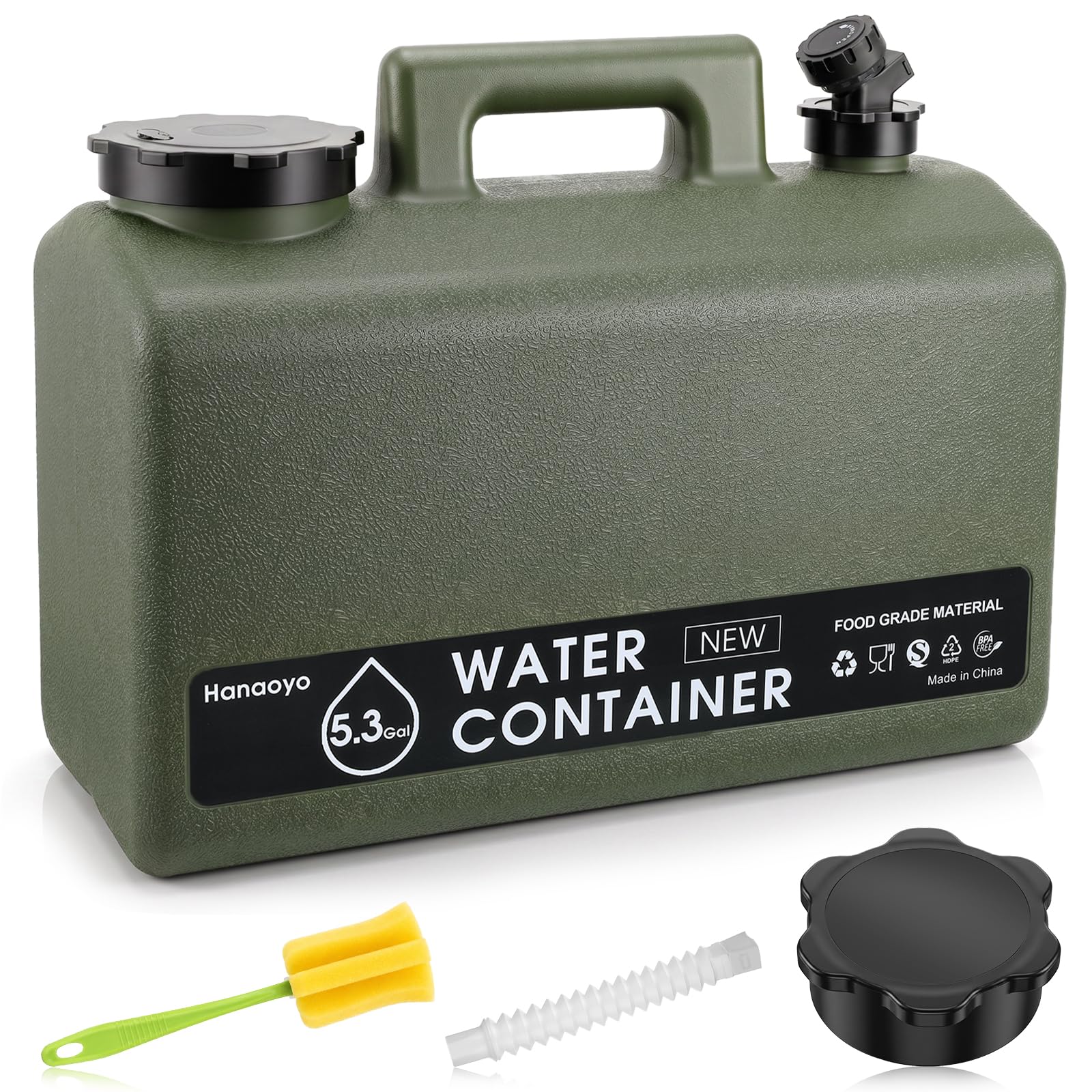Hanaoyo Carafe d'eau de camping de 20 L, sans BPA, récipient d'eau portable avec robinet et tube d'extension, seau de stockage d'eau plat pour camping-car, camping en plein air, stockage d'eau