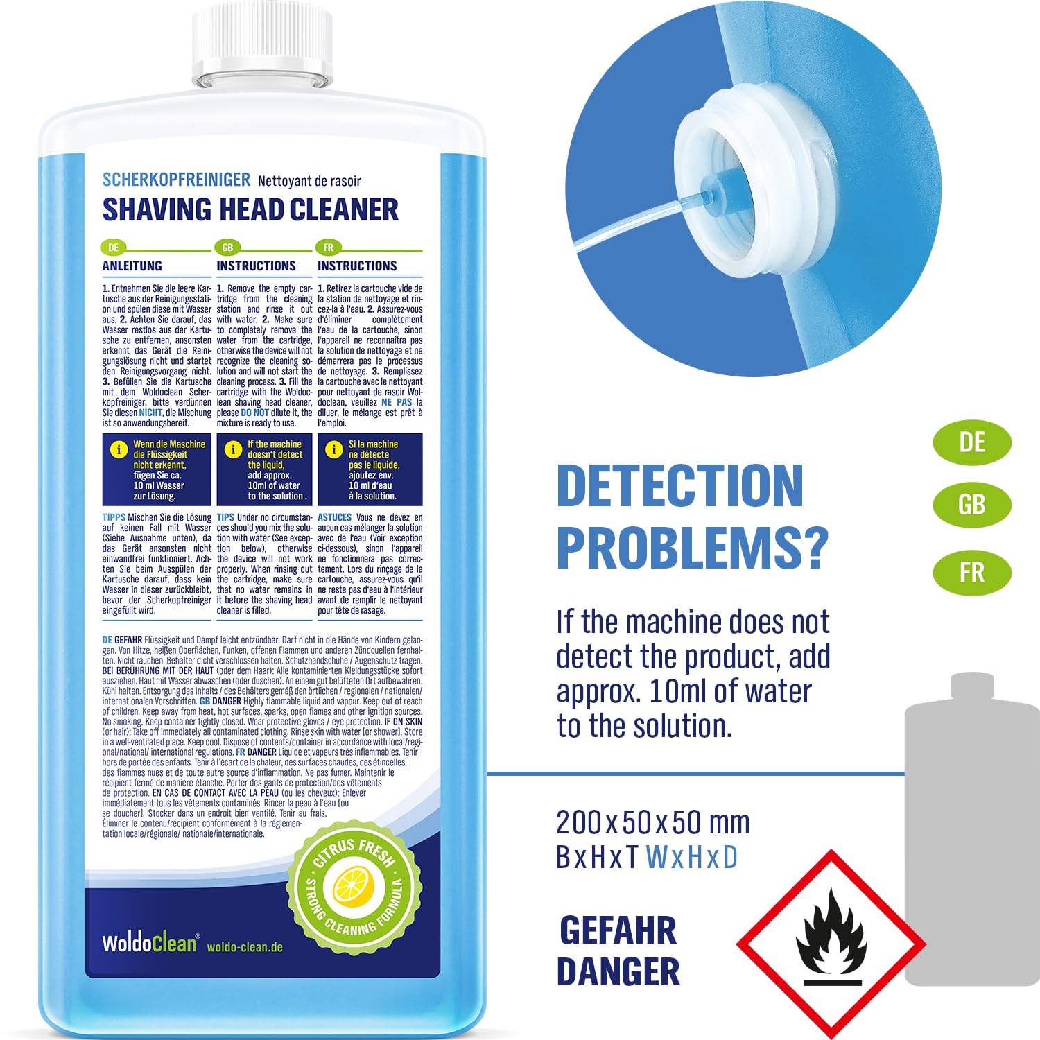 WoldoClean Liquido di Ricarica per Testine 1000ml - Compatibile con Cartucce Braun Clean & Renew, Detergente per Rasoi con Alcol e Profumo di Limone