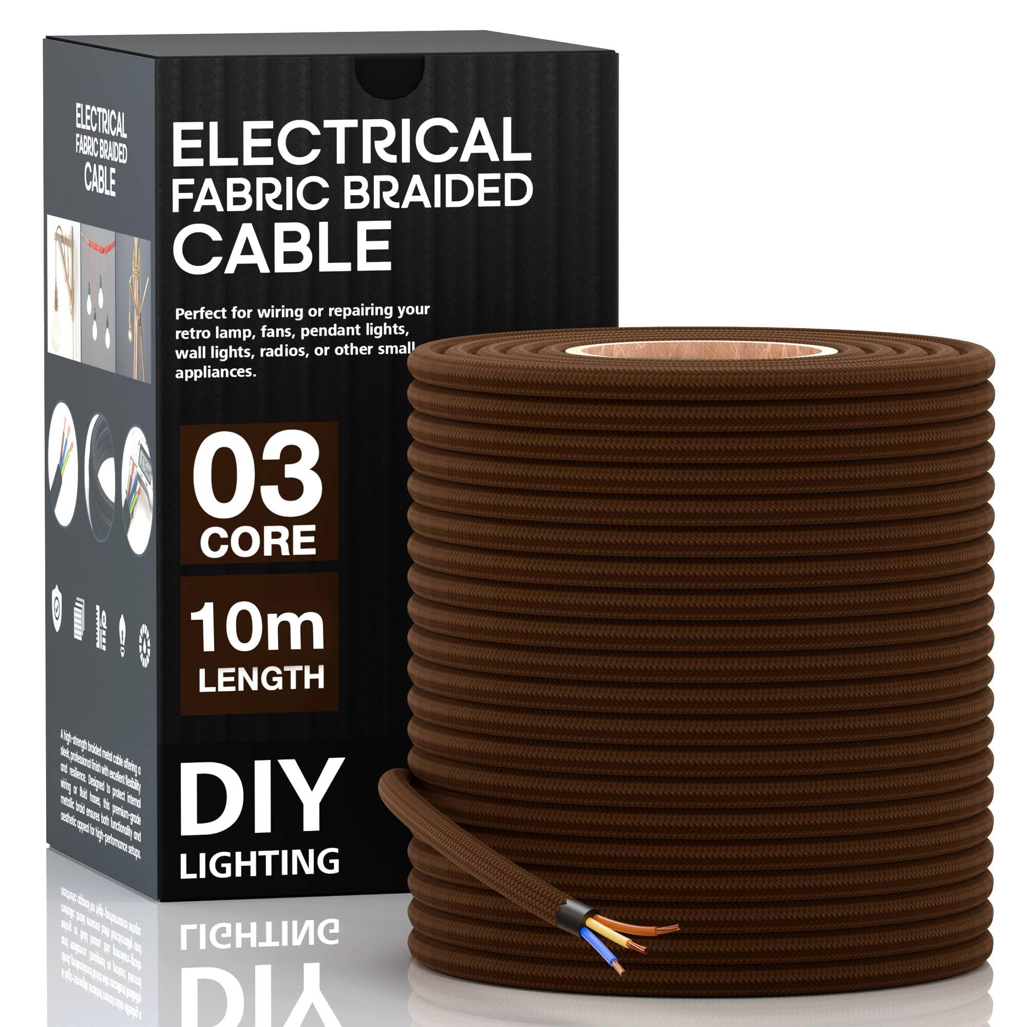 LEDSone 10 Meter 3 Core Electrical Round Wire Industrial Pendant Light Wires Flexible Round Electrical Cord Fabric Covered Lamp Wire for Earthed Pendant Lights with Durable & Stylish (Dark Brown)