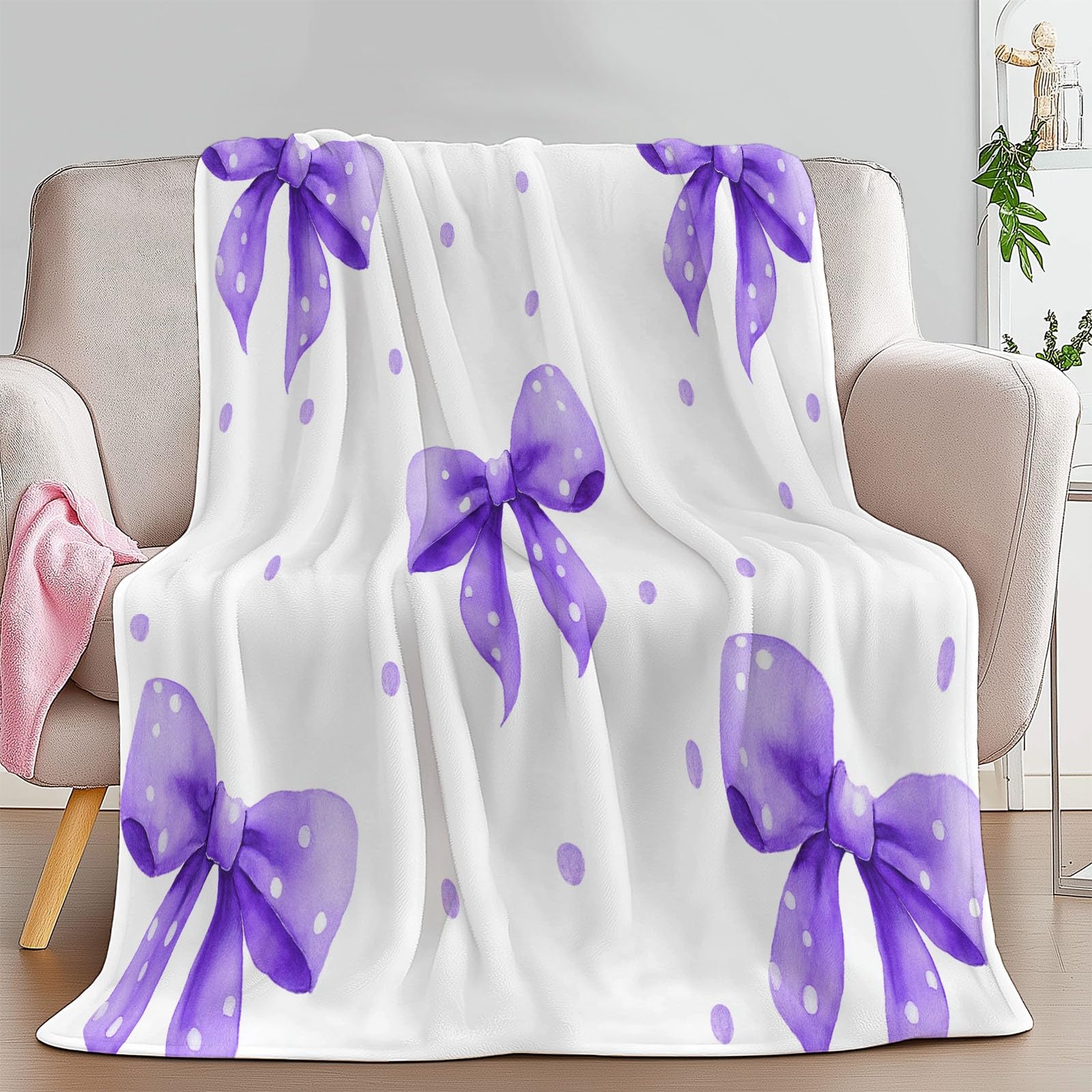 Genérico Manta de Franela de Forro Polar para Niños y Adultos 220 x 240 cm, Mantas para Sofa Estampado Encantador Elegante Lazo Morado - Manta Crema Suave Cálida Transpirable Ligera