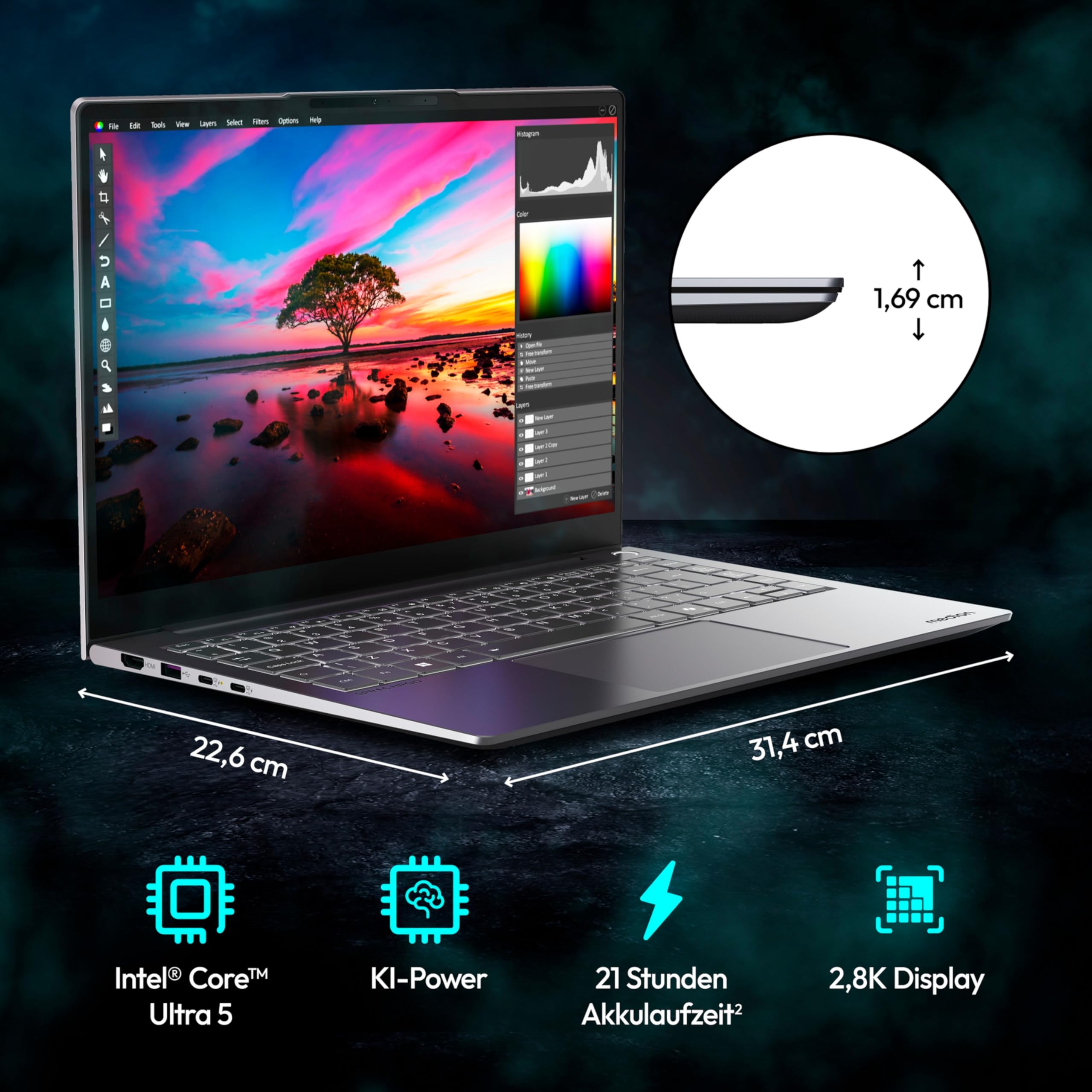 MEDION SPRCHRGD 14 S2 35,56 cm (14" Zoll 120Hz 2.8K WQXGA+) Laptop (Copilot+ PC, Core Ultra 5 228V, 32GB DDR5 RAM, 512GB SSD, Windows 11 Home)