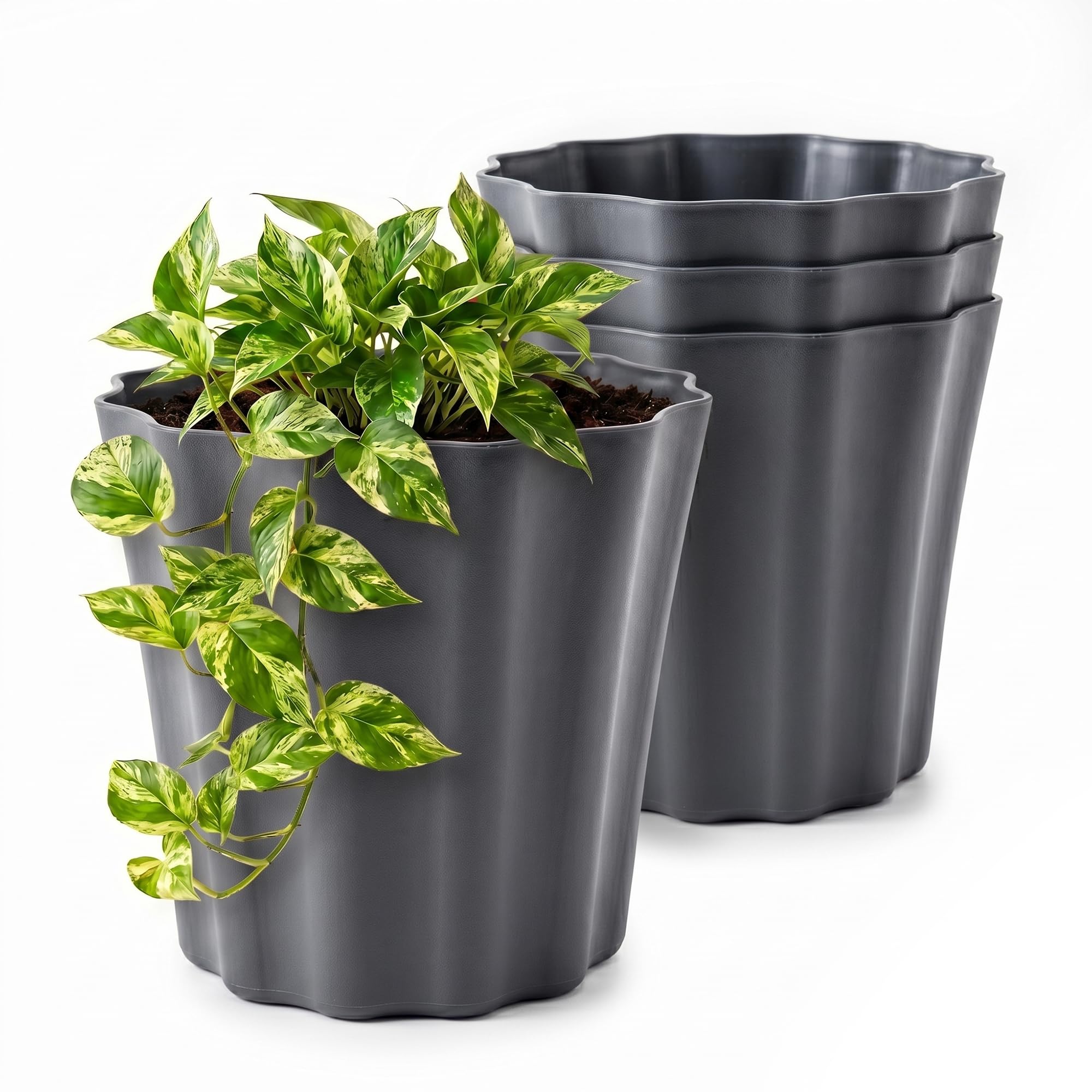 Lizzy 4 Pack Plastic Plant Pots 23cm | Round Flower Pots with Pleat Design Indoor Outdoor Plant Pots Heavy Duty Garden Planters for Plants Flowers Herbs Stylish Light Grey Pots