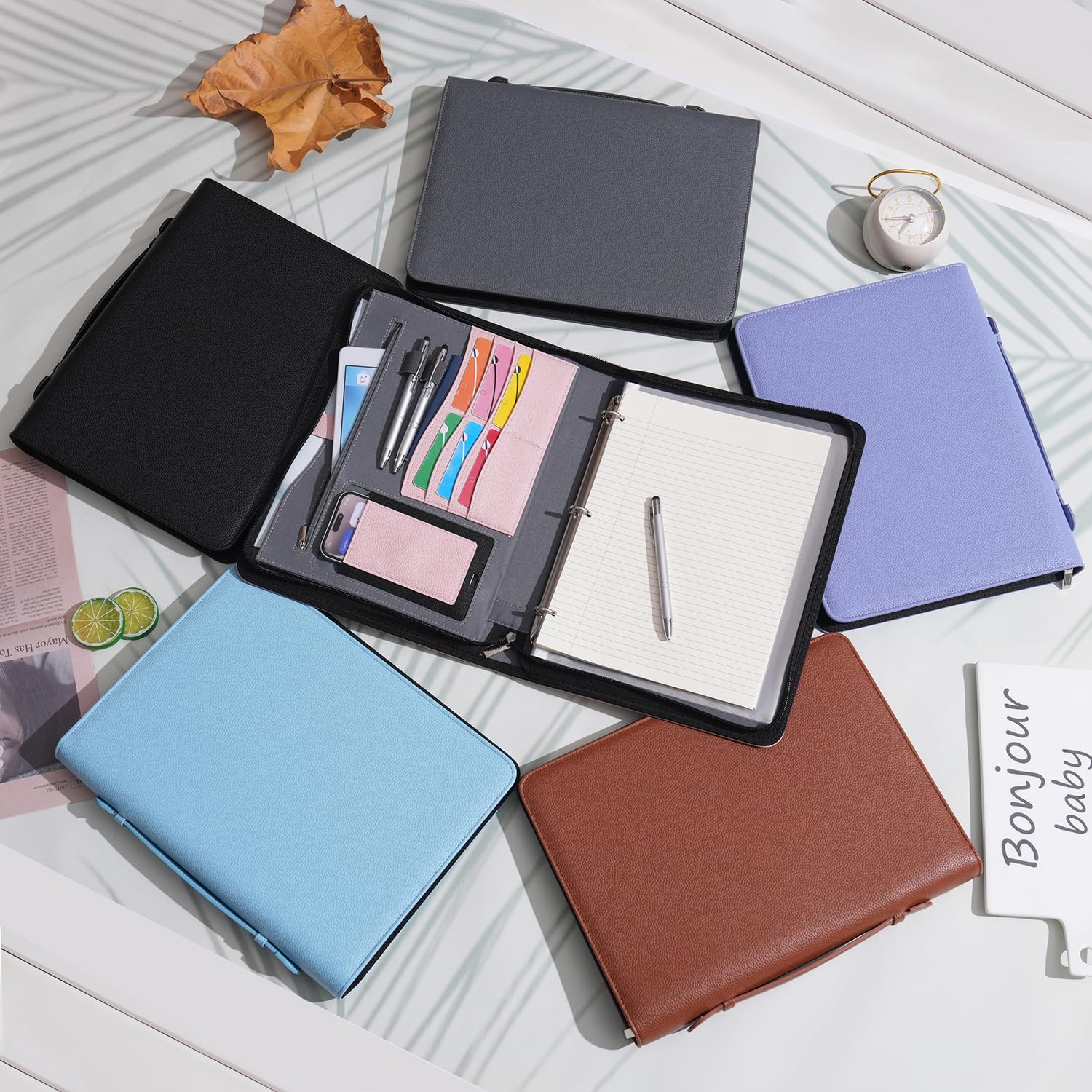Wonderpool A4 PU Lederen Schrijfportfolio met 4 Ringhouder en Afneembaar Bindklembord, Multifunctionele Documententas met Vakken voor Organisatie voor Kantoor, Reizen en School (Roze