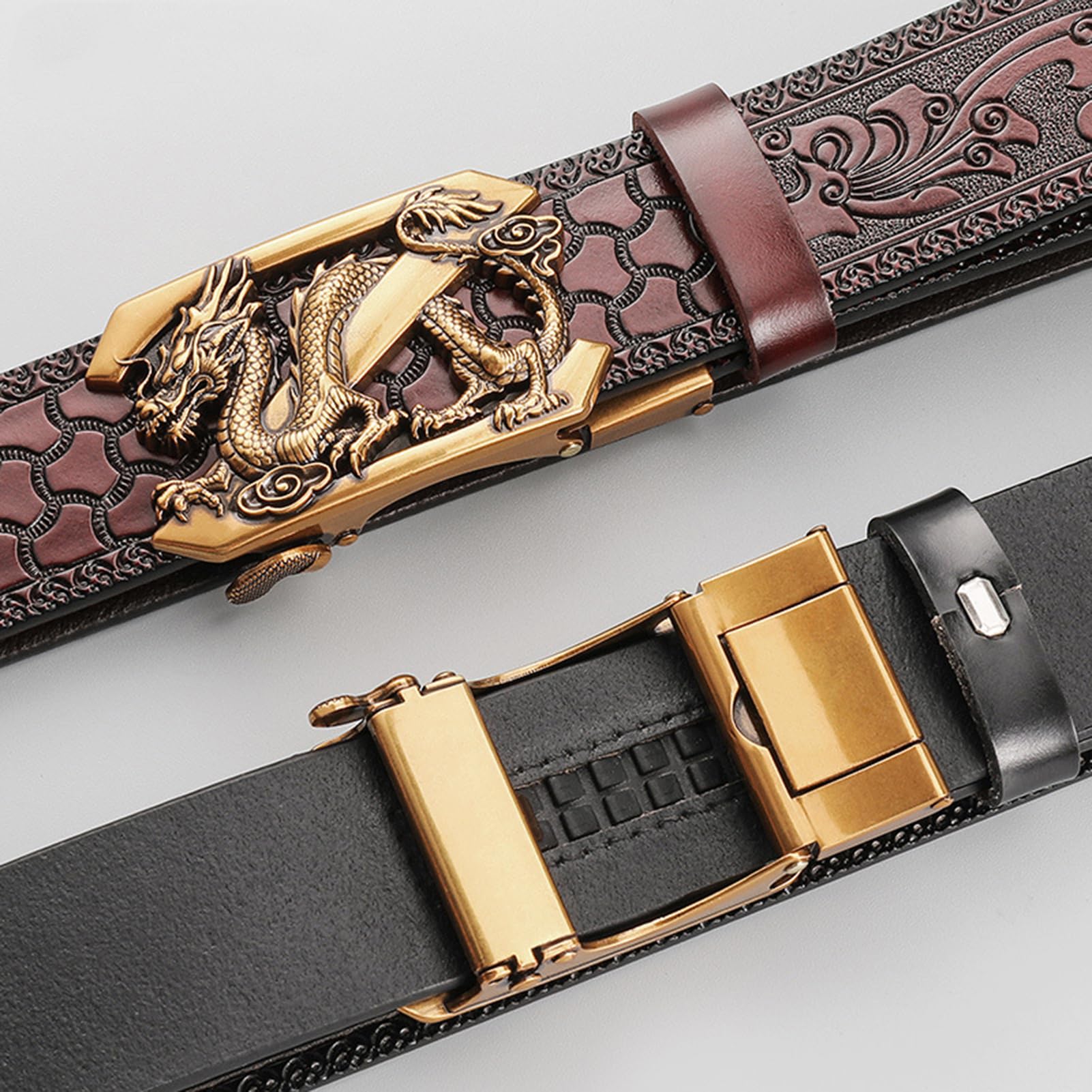 pasek, Paski kowbojskie w stylu western, tłoczone, ze skóry naturalnej, złotą klamrą kształcie smoka, do spodni jeansowych, szerokość 35 mm(Black,125cm/waist:42"~44")