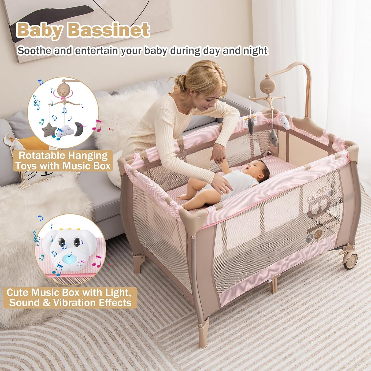 HONEY JOY Pack and Play, 3 in 1 Portable Baby Playard with Bassinet, Changing Table, Lockable Wheels, Music Box, Foldable Travel Baby Crib Nursery Center from Newborn to Toddler (Coffee Pink)