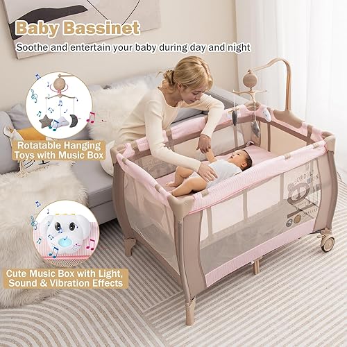 Miniatura 8 de HONEY JOY Pack and Play, corralito portátil 3 en 1 con moisés, cambiador, ruedas bloqueables, caja de música, centro de guardería plegable para cuna