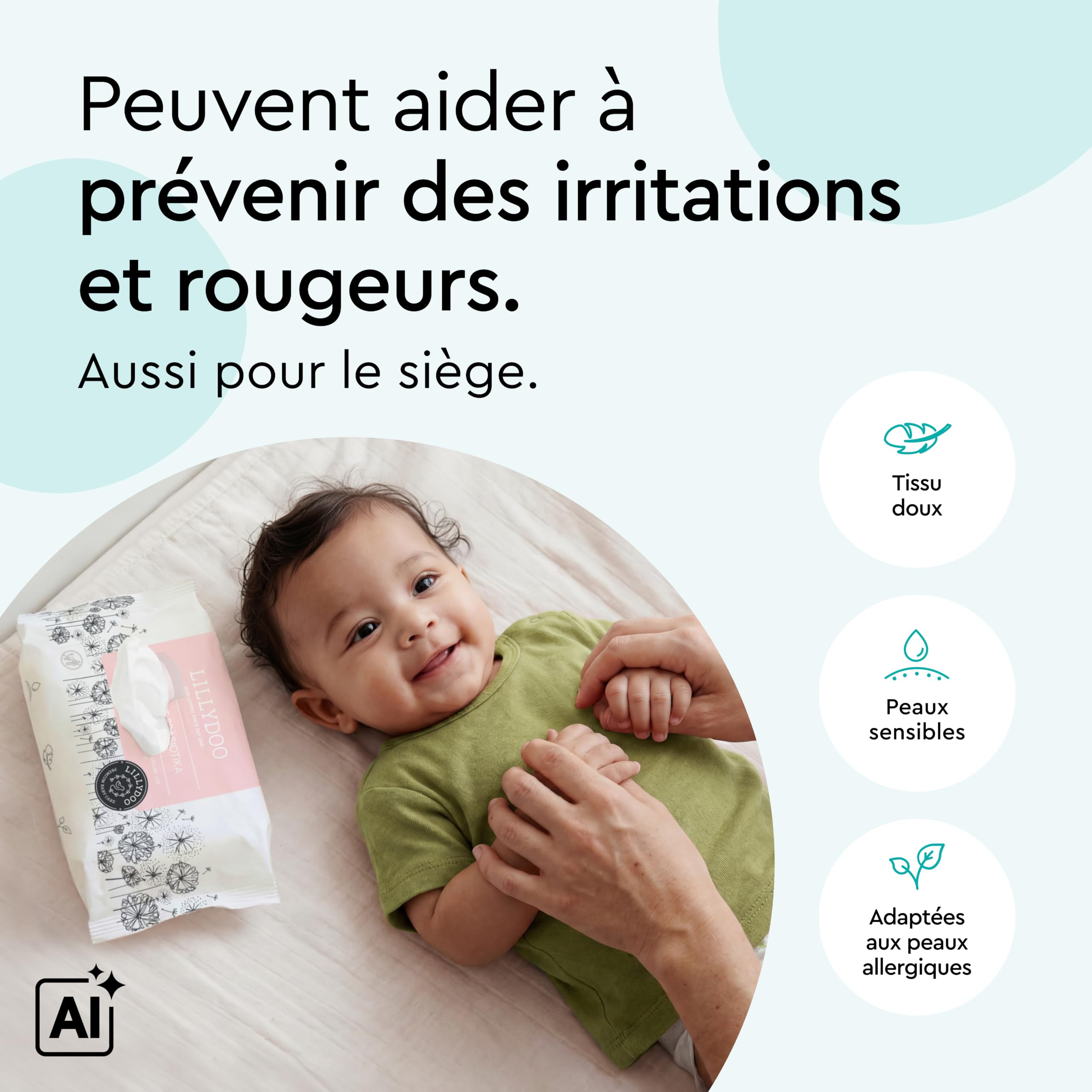 Lingettes avec prébiotiques LILLYDOO, 600 unités (10x60), renforcent la barrière naturelle de la peau, tissu 100% sans plastique, douces et sans parfum, testées dermatologiquement