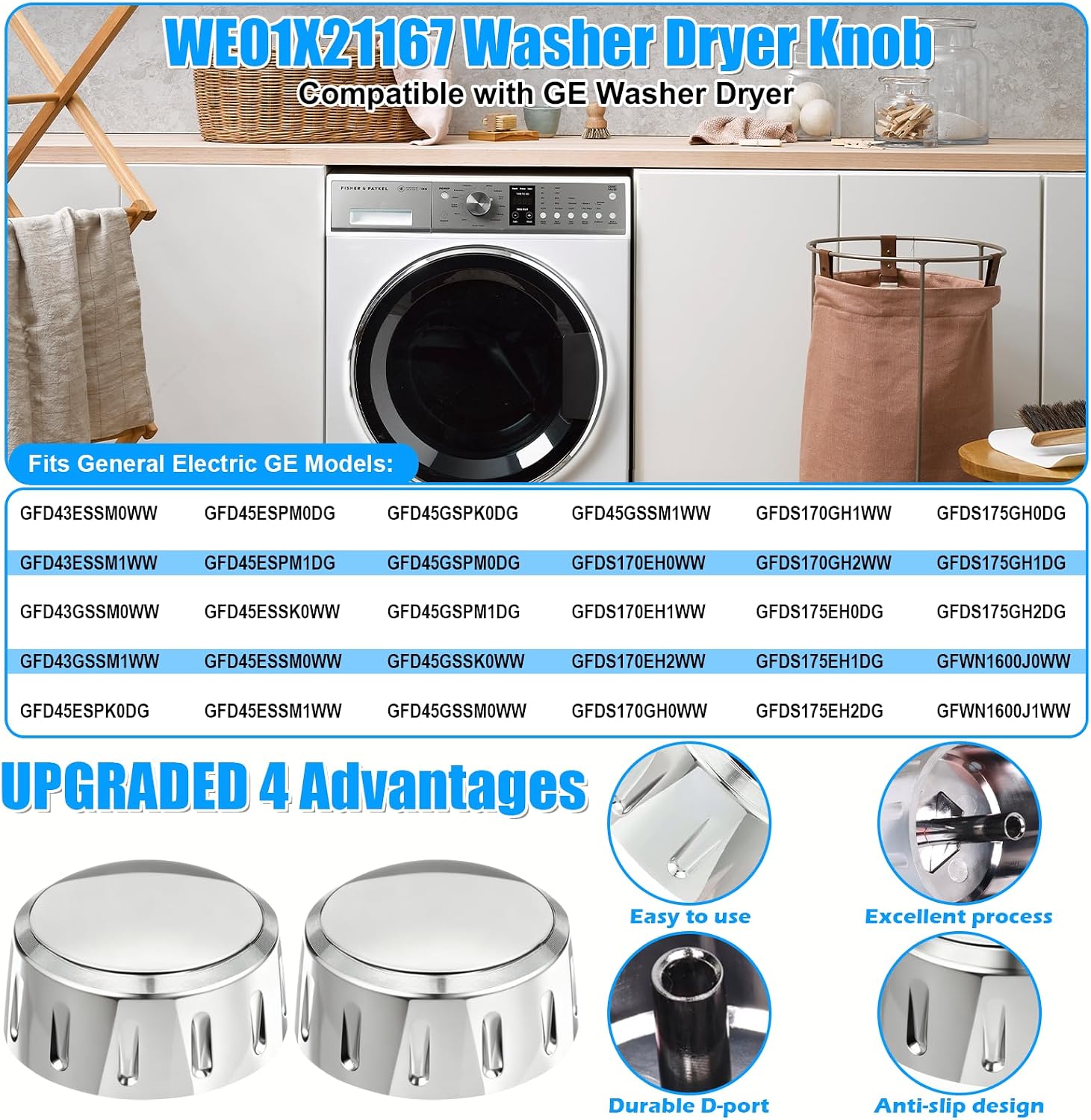 UPGRADED WE01X21167 WH11X23474 Dryer Knob Compatible with GE Washer Knob Parts GFW450SPM1DG GFDS170EH1WW GFWN1600J1WW GFW450SSM1WW,WE01X21167 General Electric GE Dryer Knob Replacement Control Knobs