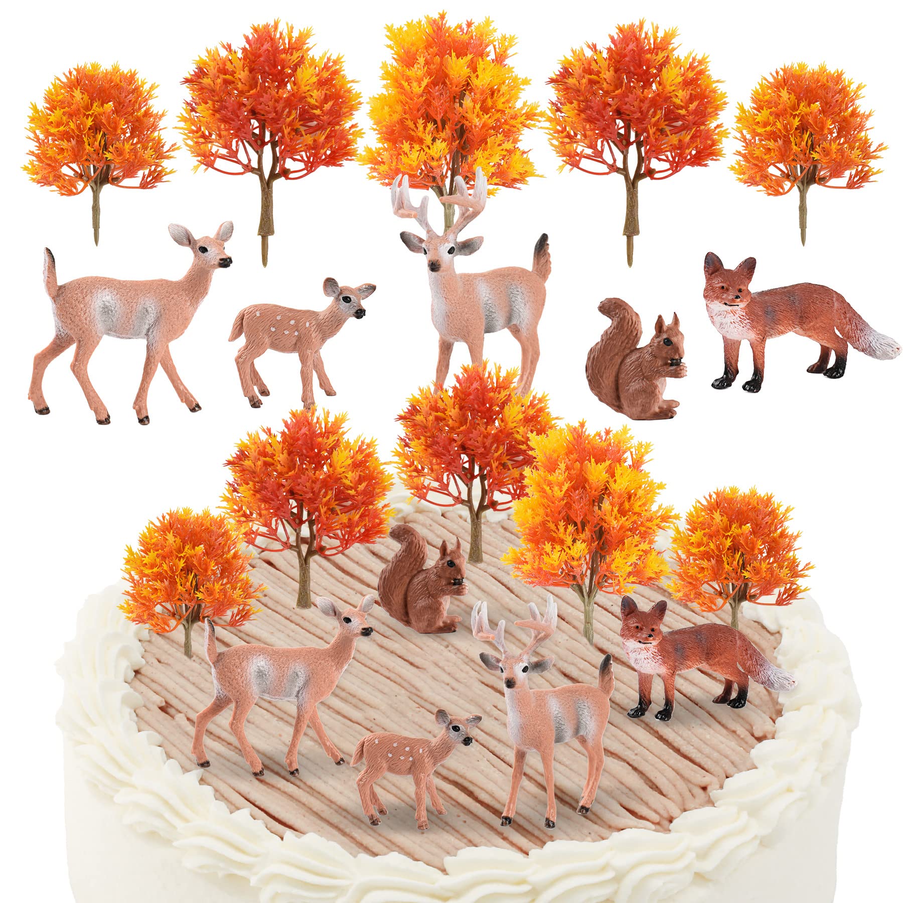 HOKPA10Pcs Woodland Animals Figures Model Trees Kit, 5Pcs Forest Artificial Animal Deers 5Pcs Mixed Miniature Maple Trees for Birthday Cake Toppers Miniature Landscape Scenes