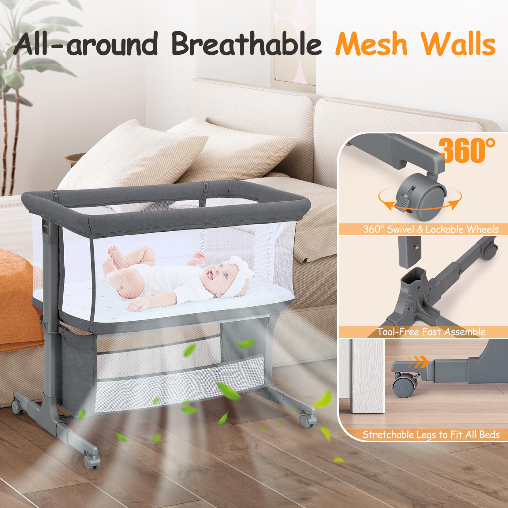 Culla Fianco Letto per Neonati, Lettino Co-Sleeper Regolabile in 7 Altezze con Ruote, Materasso e Cesto Portaoggetti, Culla Portatile per Camera da Letto grigio scuro