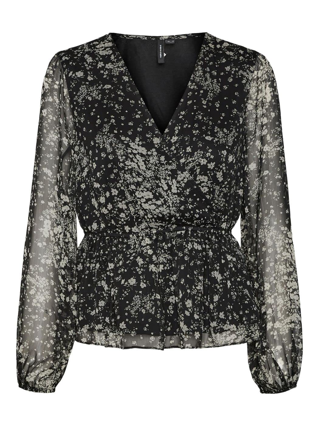 Vero Moda Blusa Fantasia Fiorellini con scollo a V Cross ciato, Elastico sotto al seno e Volant. Manga Larga Morbida.