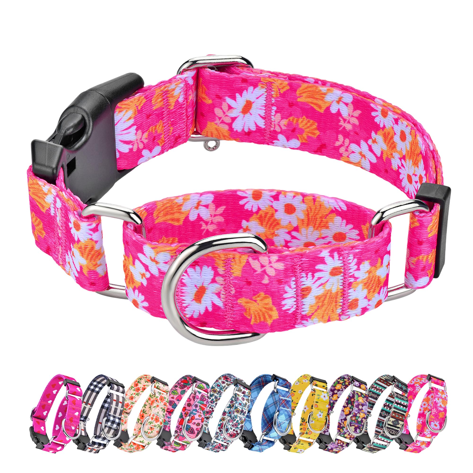 Hikiko Martingale Collar for Dogs Cute Floral Dog Collar for Small Medium Large Dogs Spring Summer Daisy Dog Collars for Girl Female Pet (Hot Pink