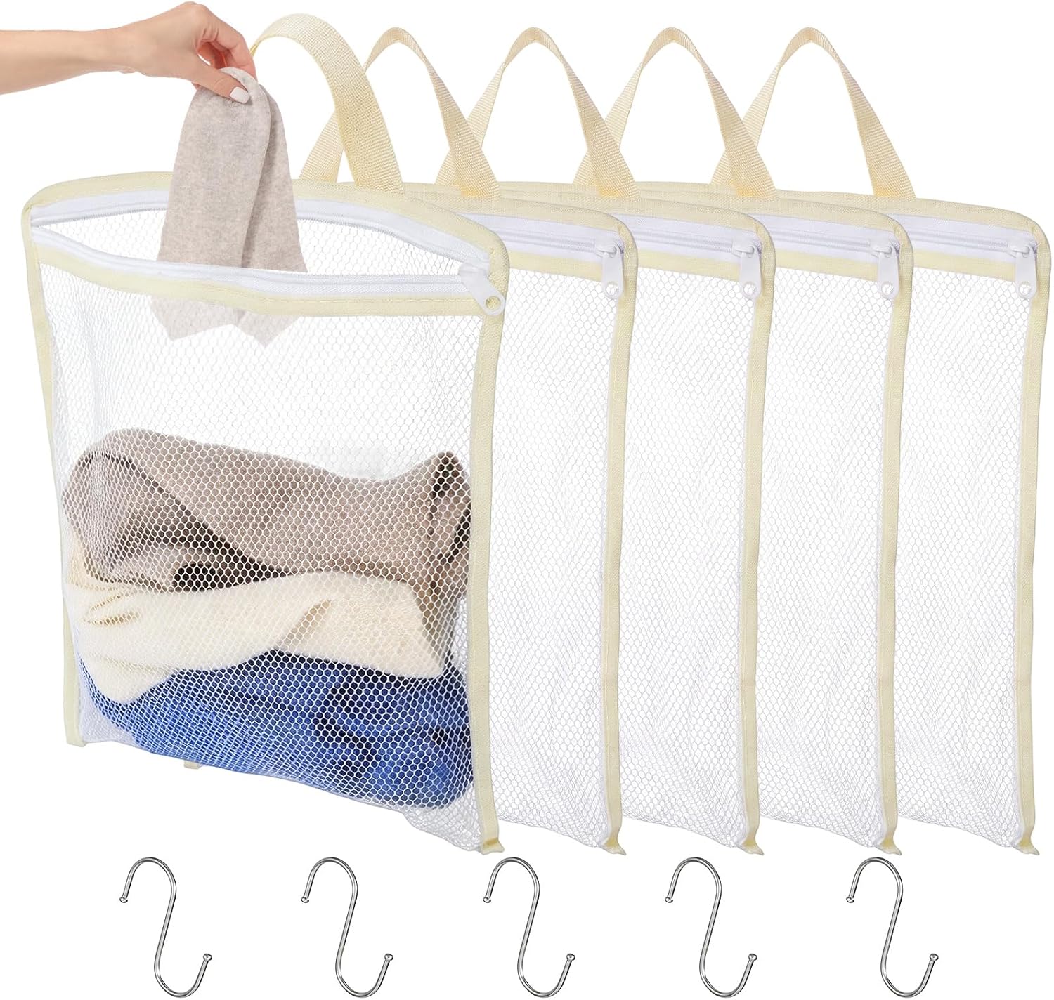 5 Pcs Hanging Laundry Bag with S Hooks 12.6 X 11 Inch Mesh Wash Bag