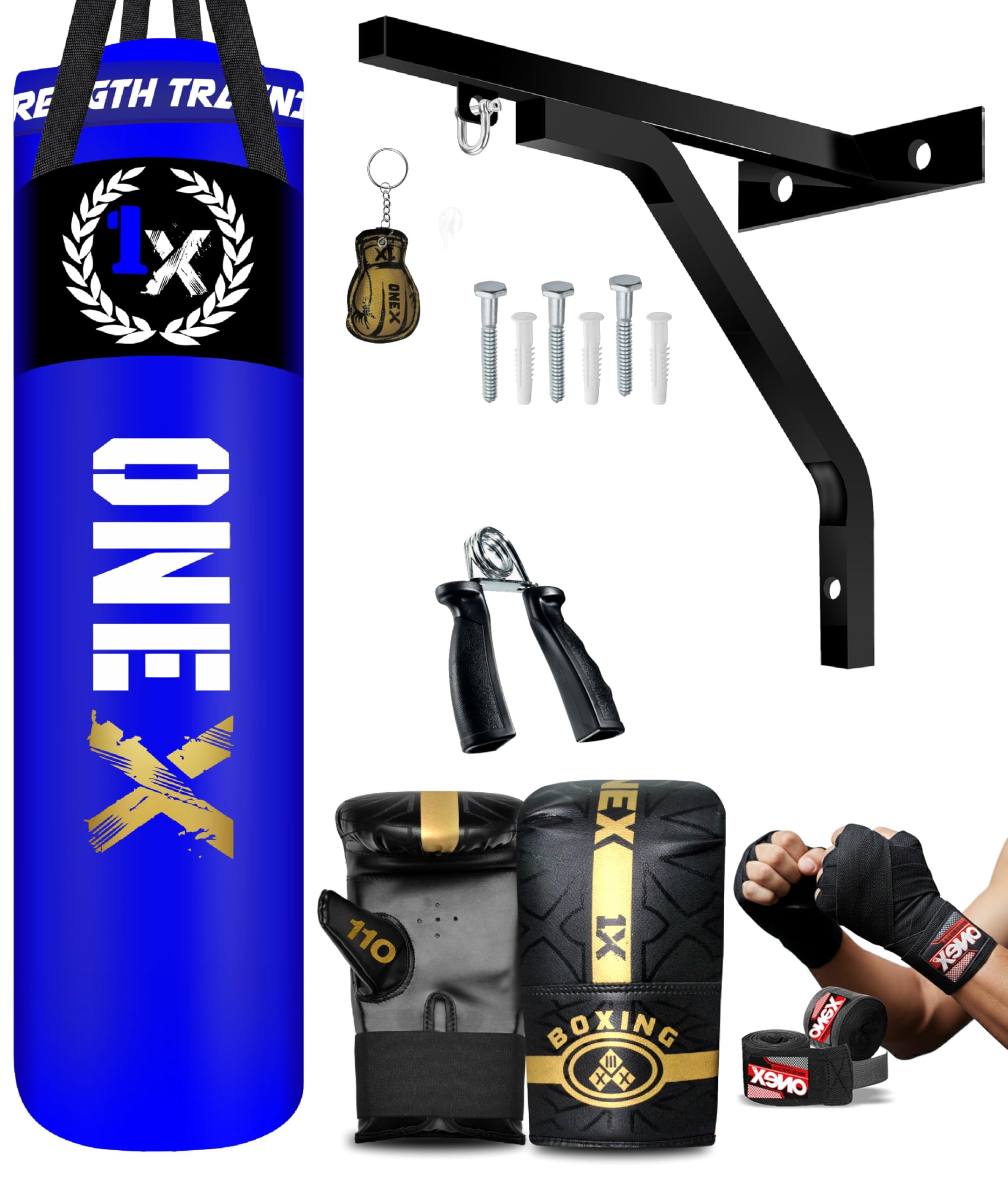 ONEX Heavy Filled Boxing Punch Bag Set Gloves Bracket MMA Pad Punching Kick Bag 13Pcs 3ft – 4ft - 5ft With Straps (Blue, 4ft)