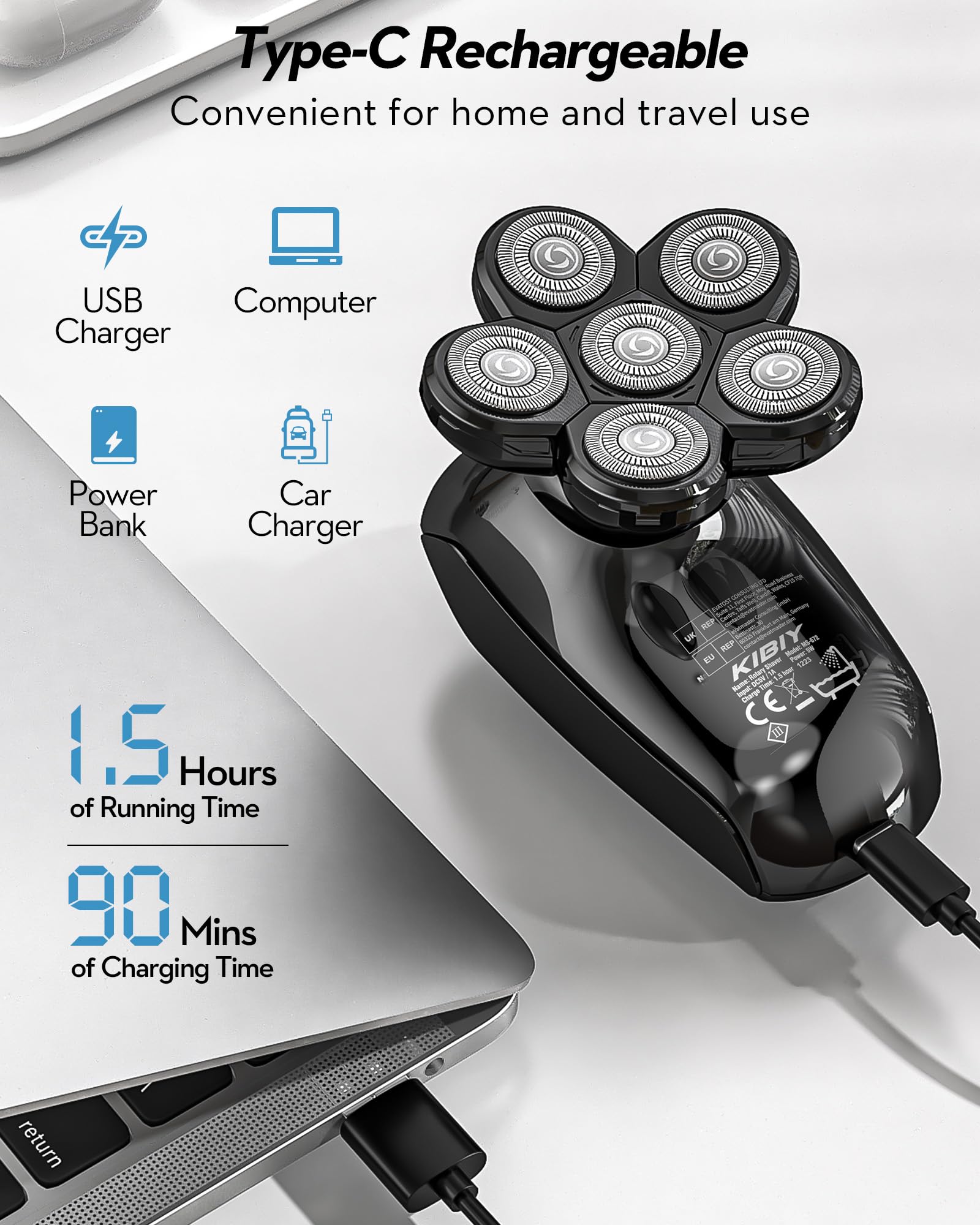 Rasoio testa calva, Kibiy 5 in 1 LED rasoio testa con 6 testine di rasatura rotanti, 100% impermeabile rasoio capelli uomo testa calva, ricaricabile di tipo C, kit per la cura dei peli di barba e naso