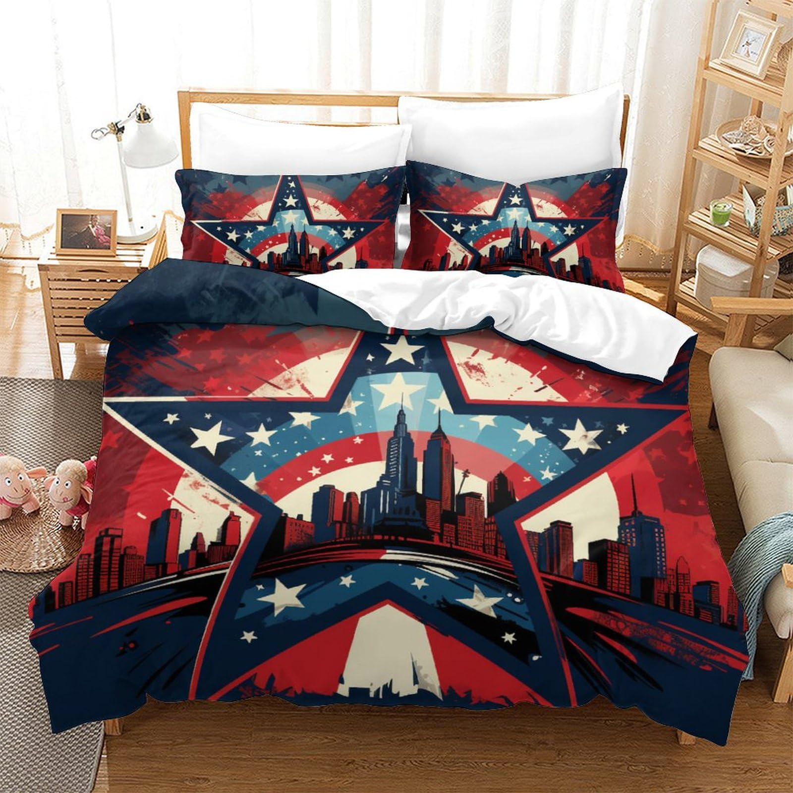 Housse de couette 3 pièces 220x240 imprimé USA parure de lit microfibre respirante
