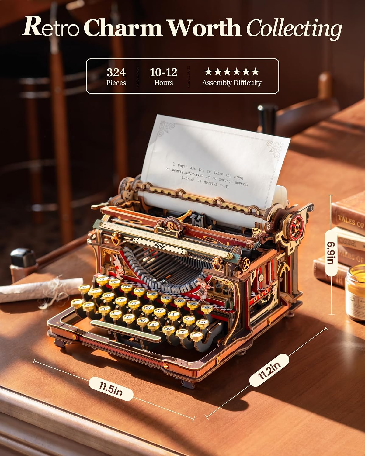 ROKR Mechanical Typewriter 3D Wooden Puzzle for Adults- Vintage Model Kit, No Glue, 324 PCS, 12H Assembly, Building Project, Retro Desk Home Decor, Unique Gifts for Writers (Magic Version)