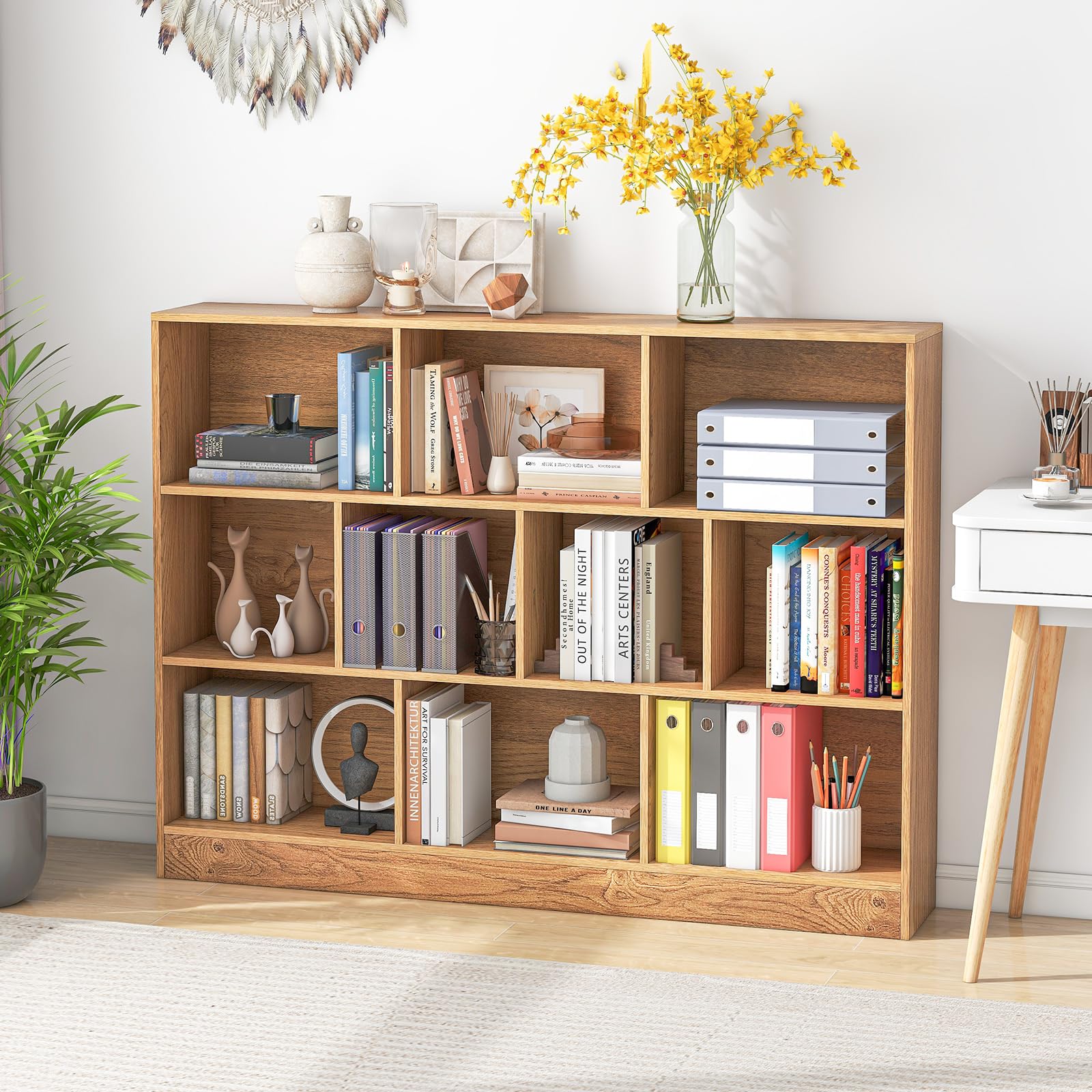 GYMAX Libreria a 10 Cubi Aperti, Scaffale Autoportante da Pavimento, Kit Anti-Ribaltamento, Organizzatore di Archiviazione 3 Livelli per Soggiorno Camera da Letto Ufficio (Naturale, 140 x 24 x 104 cm)