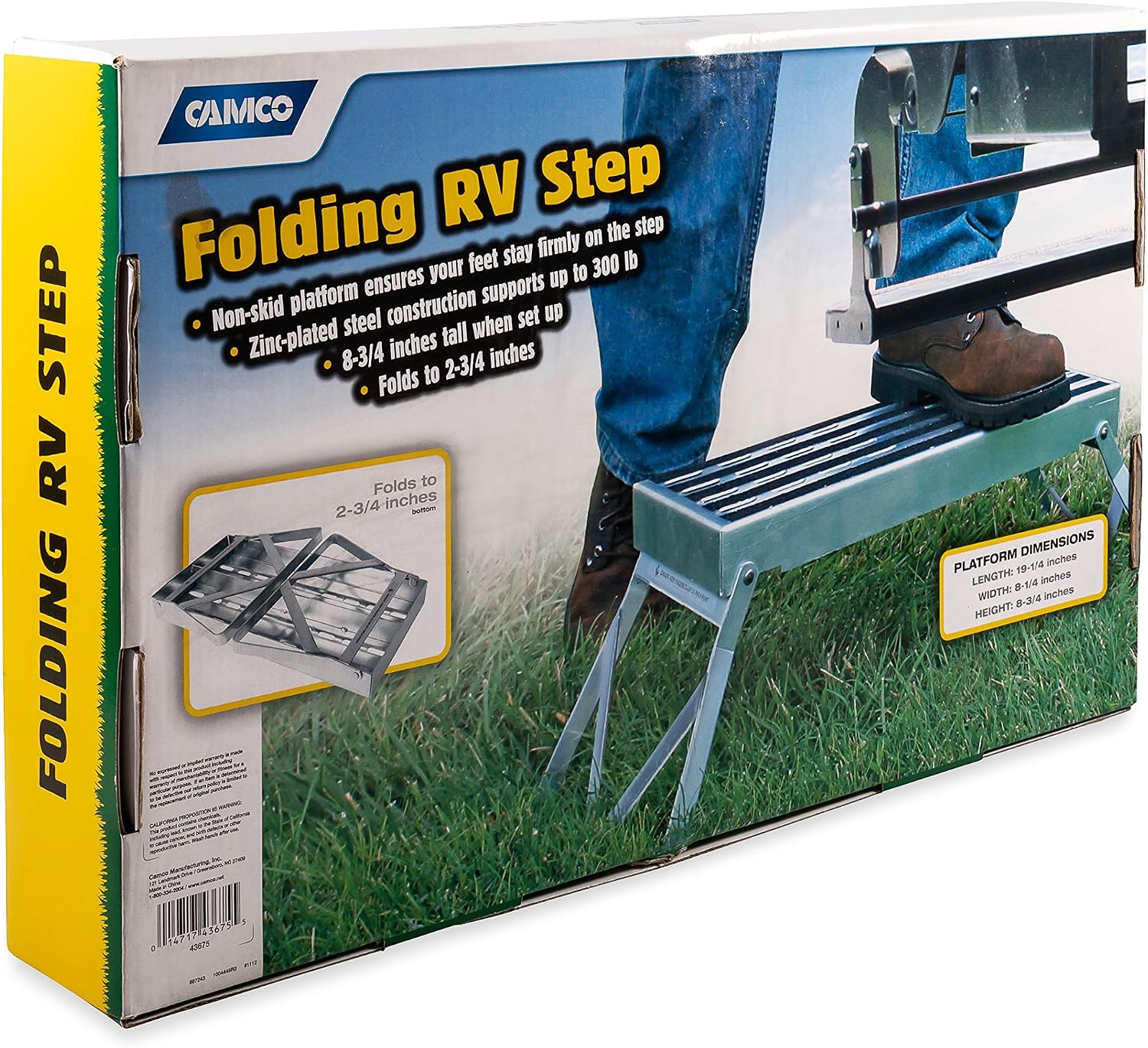 Camco 43675 Durable Steel Folding Step with Foldable Legs - Reliable and Safe Build with Non-Slip Gripping Strips, Great for Craftsmen and Repairmen,One Size