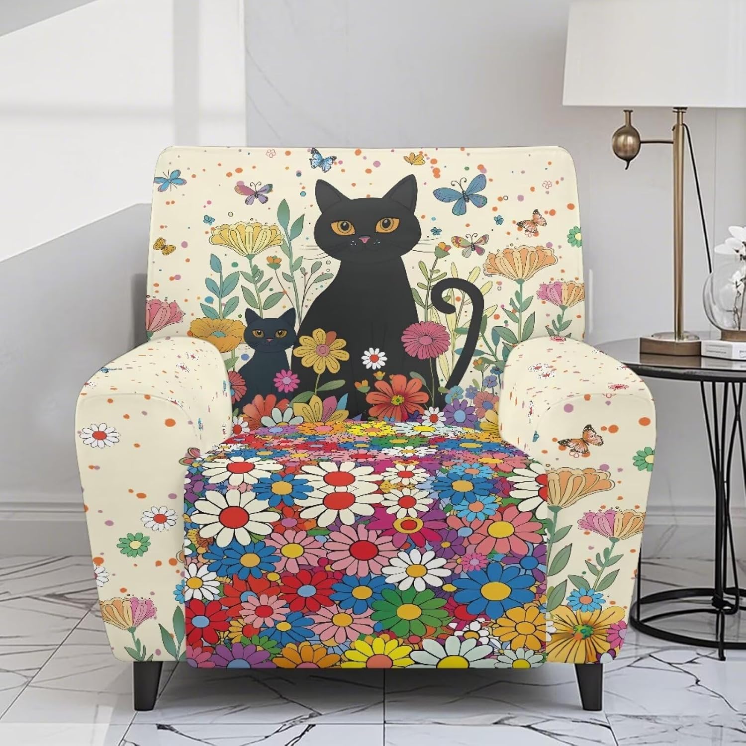 Cat Flower Recliner Chair Covers Stretch Recliner Covers with Pockets Non-Slip Fitted Couch Slipcovers 4-Pieces Furniture Protector for Dogs Cats Home Decor