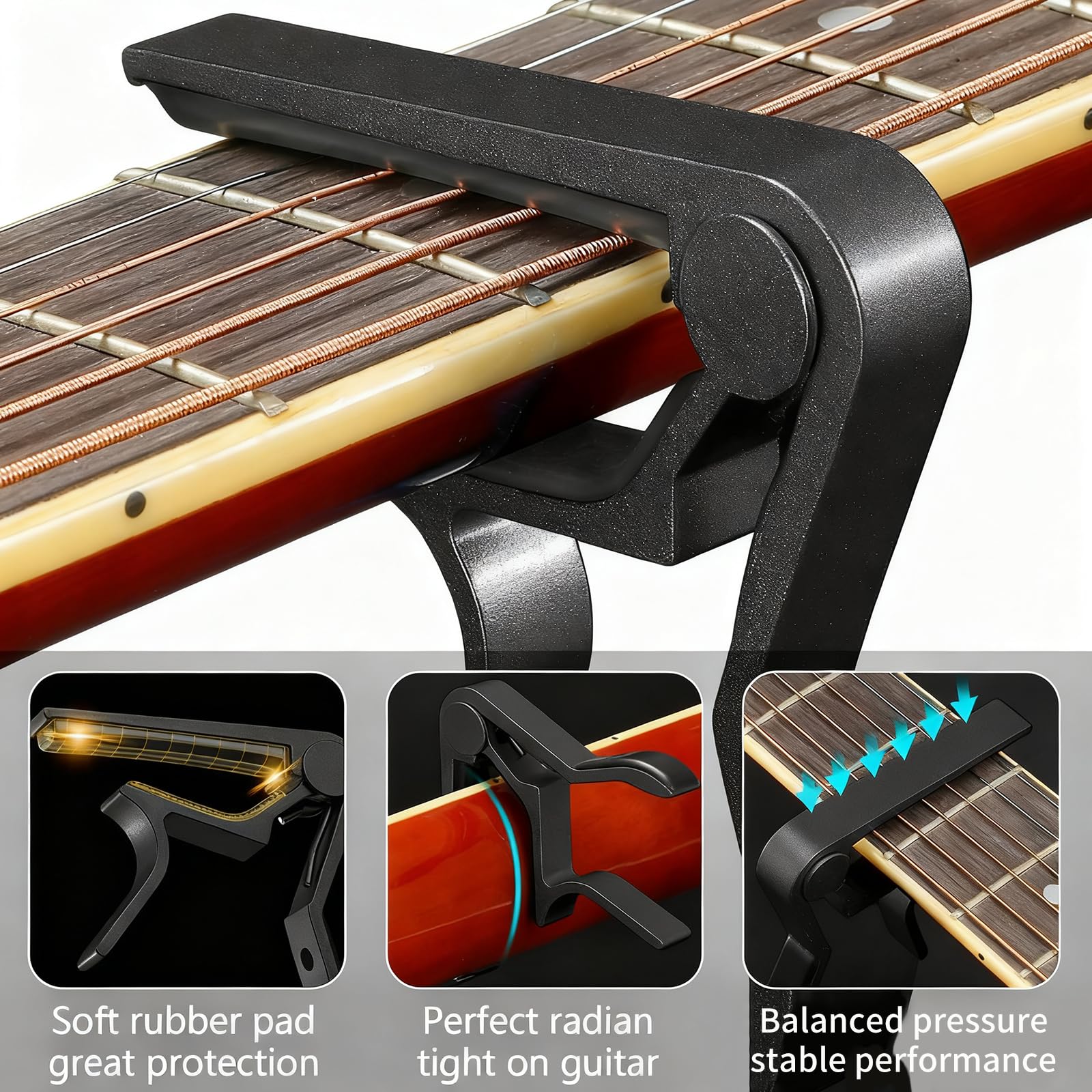Lot de 2 capodastres de guitare + 10 médiators pour guitare acoustique/guitare électrique/ukulélé - Capodastre en métal noir et argenté - Fermeture rapide