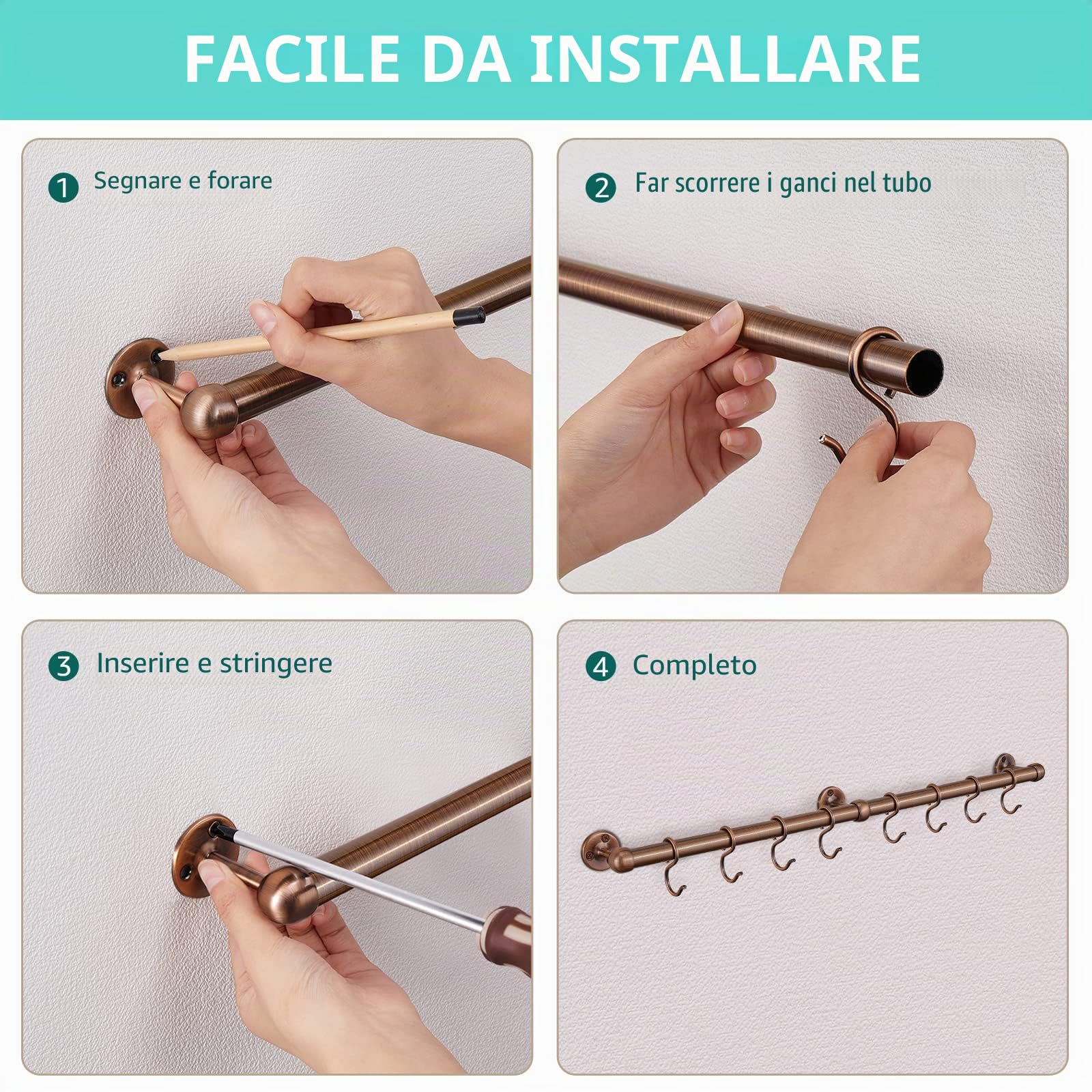 Rothley Appendiabiti da appendere per pentole: 60 cm, in acciaio inox, per pentole e padelle, montaggio a parete, per cucina e cucina, con ganci (rame anticato)