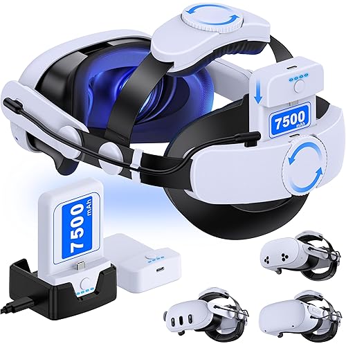 Head Strap for Quest 2/Quest 3/Quest 3S, 2x7500mAH Detachable Pack Replacement for Quest 2/3 Elite Strap, Double Knobs, Soft Cushion, Reduces Head Pressure, with One Charging Dock