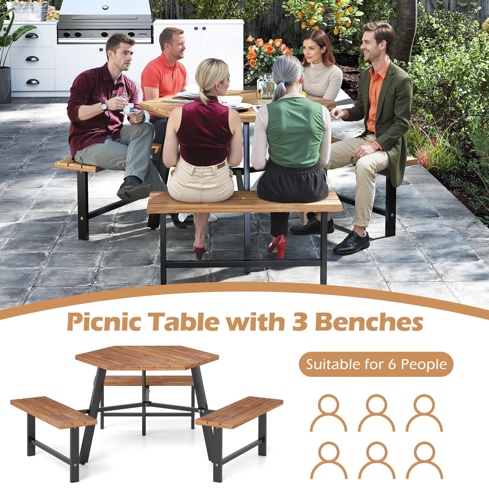 KOMFOTTEU Set di mobili per 6 persone, set da picnic in legno di acacia con foro per ombrellone, set da tavolo e 3 panche per giardino, terrazza, 191 x 165 x 70 cm