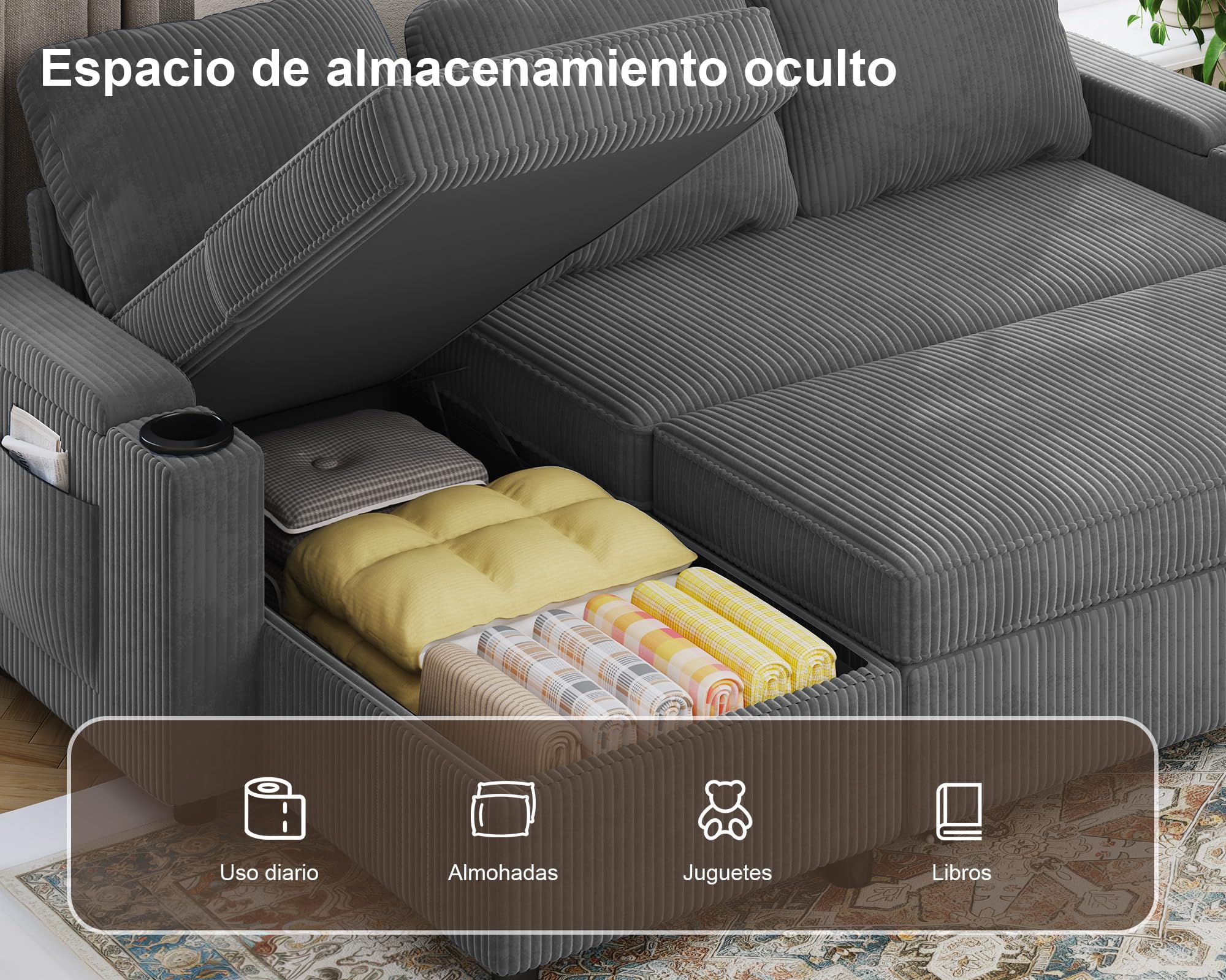 Devoko Sofá Cama Chaise Longue, Sofá de Salón Cheslong de 3 Plazas Convertible en Cama, con Almacenamiento Integrado y Portavasos, Sofá Chaise Longue en Forma de L con Tejido Suave Gris Oscuro