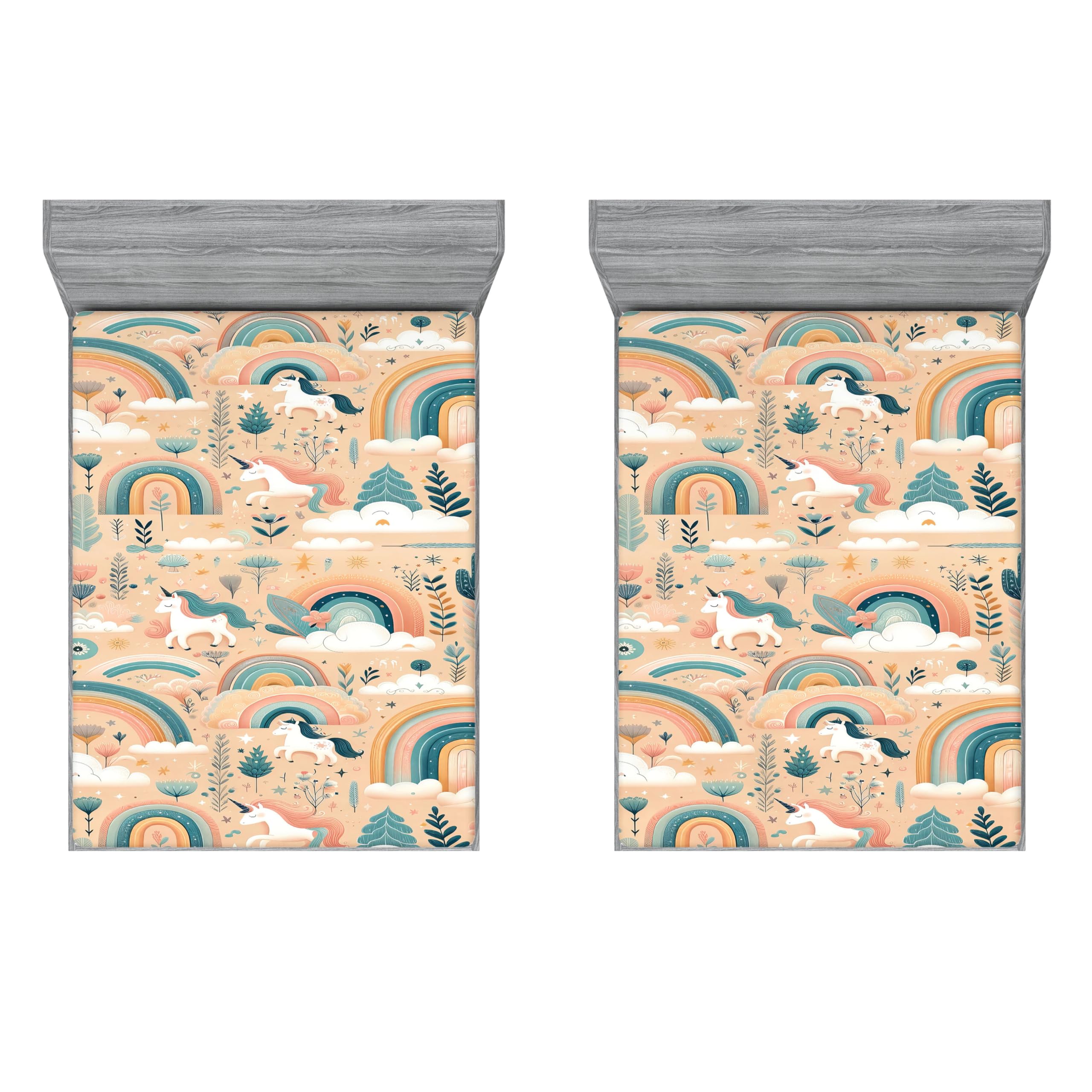 Ambesonne Fantasy 2 Pack Fitted Sheet, Scandi Unicorn Cloud Flower, Bed Cover All-Round Elastic Deep Pockets 2 Pieces, Package Contains 2 Full Size Fitted Sheets, Peach Sea Blue White