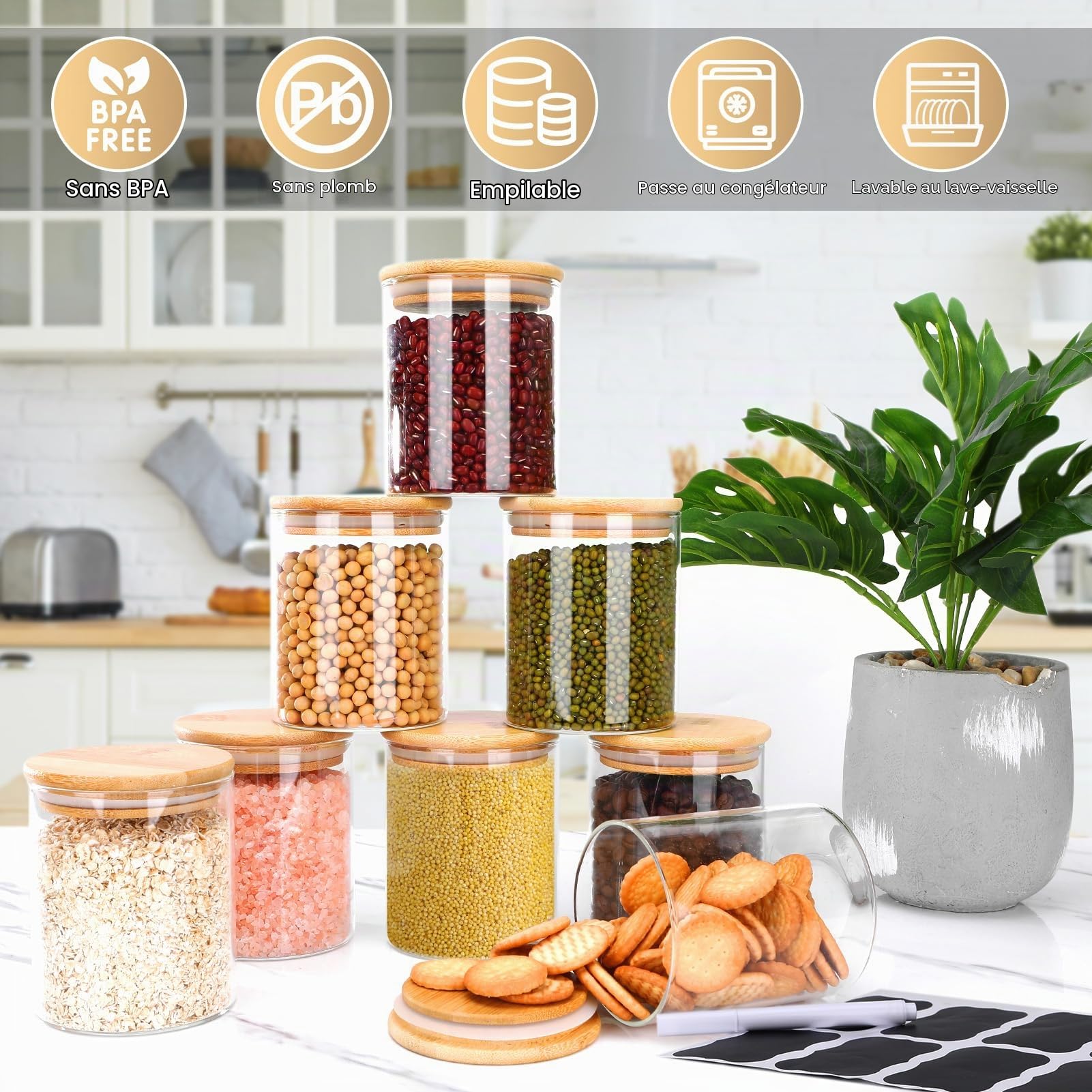 8 Bocal en Verre avec Couvercle, 430ml Bocaux en Verre Hermétique, Pot en Verre avec Couvercle en Bambou, Bocaux Rangement Cuisine pour Épices, Herbes, Thé