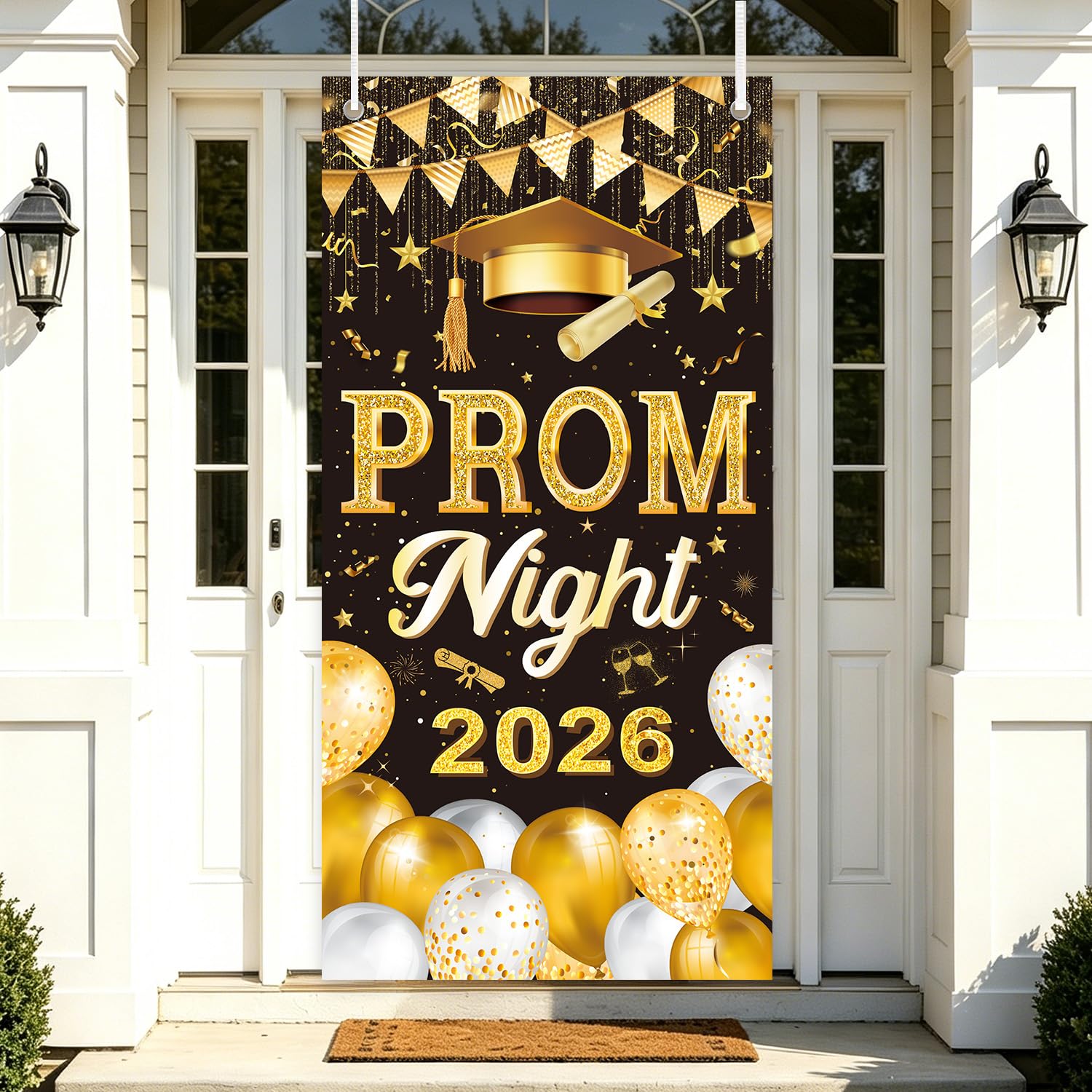 Luvart Prom Decorations Graduation Party - Prom 2026 Party Decorations Banner for Door, Black Gloden Backdrop for Leavers Night Decor