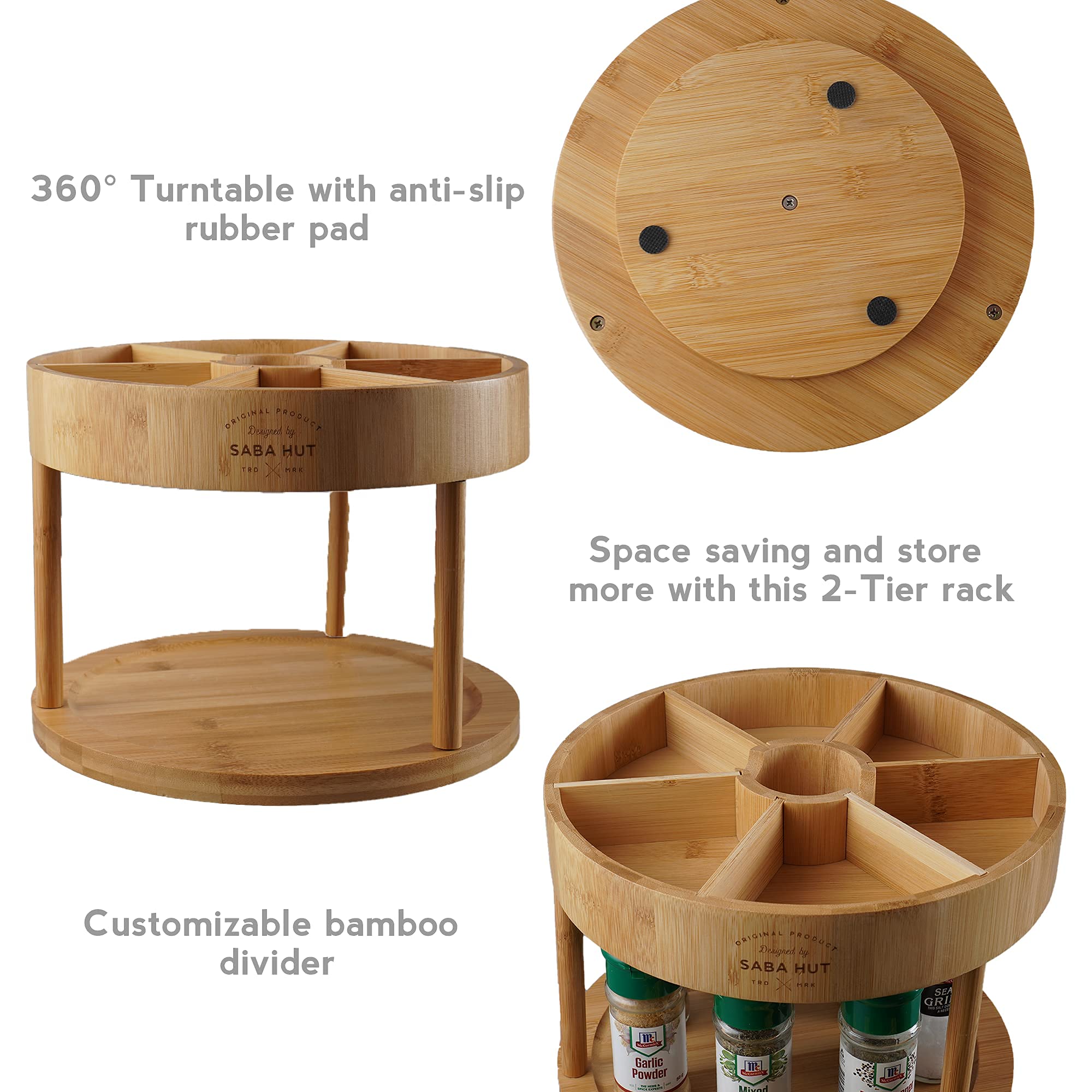 SabaHut 2 Tier Wooden Lazy Susan 360° Turntable Spinning Spice Rack