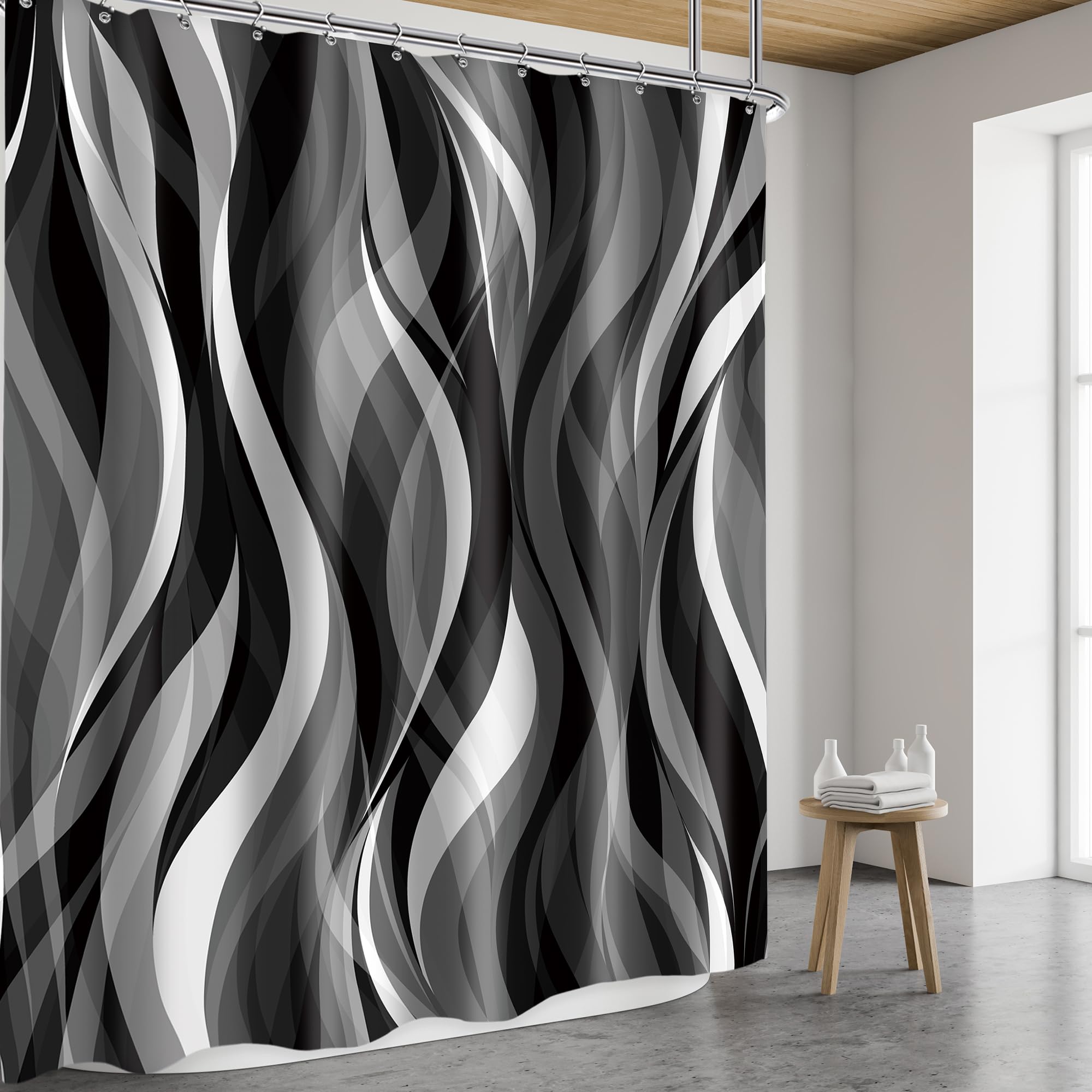Riyidecor Black White Brown Shower Curtain Abstract Striped, image size:2000x2000