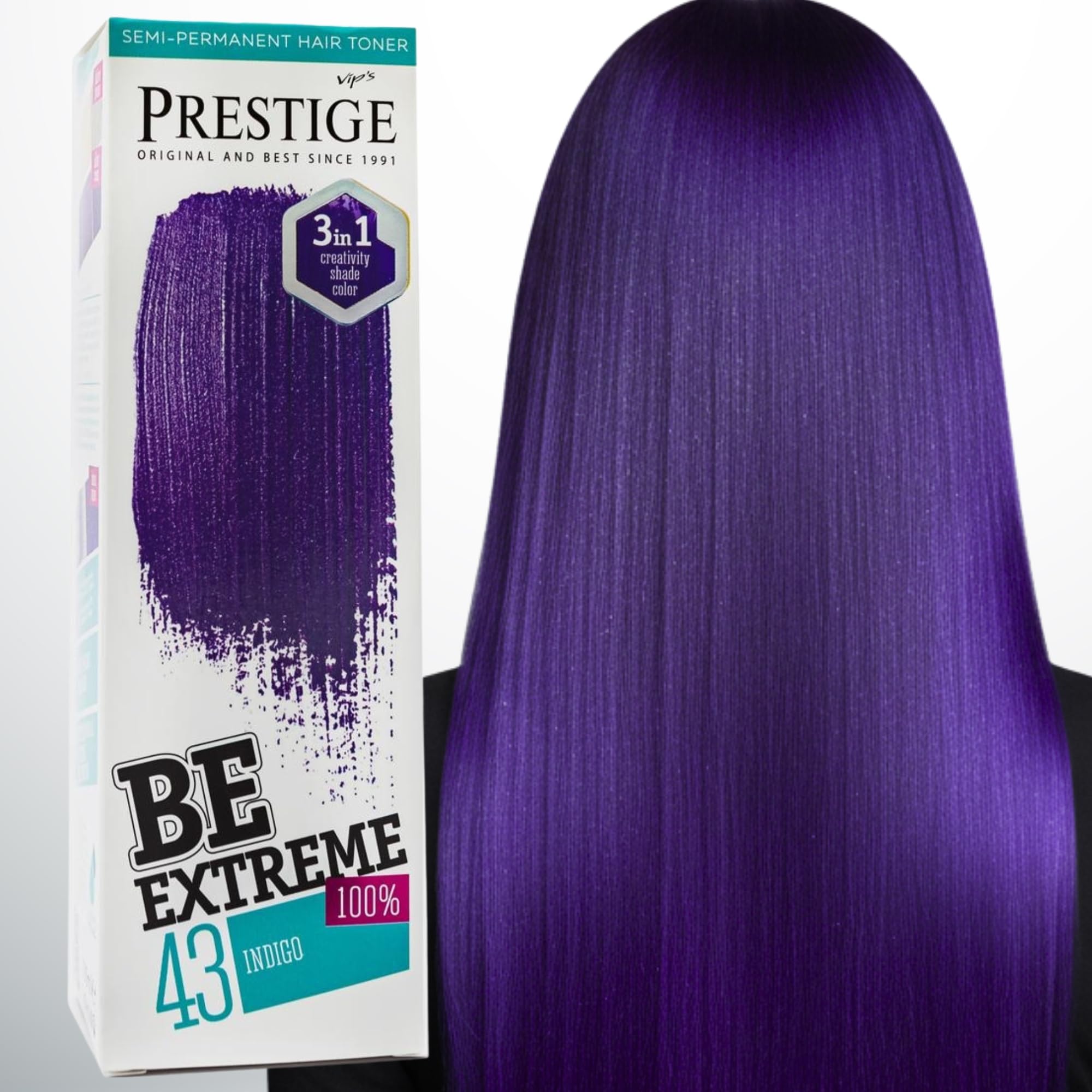 Vip's Prestige Be Extreme | Semipermanenter Haartonisierer 43 Indigo | Reines Pigment | Verleiht gefärbten oder grauen Haaren Farbe | Temporäres Ergebnis | Ammoniakfrei, Parabenfrei, PPD-frei