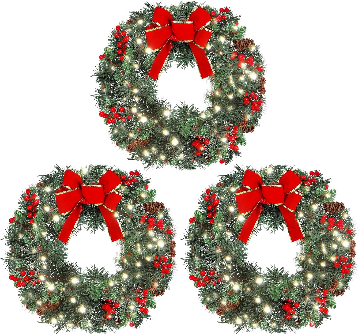 3 Pack 16 Inch Christmas Wreath Decorations with Lights Battery Operated 50 LED Artificial Christmas Wreath for Front Door with Red Bow Pine Cones Berry for Outdoor Indoor Window Wall Decor