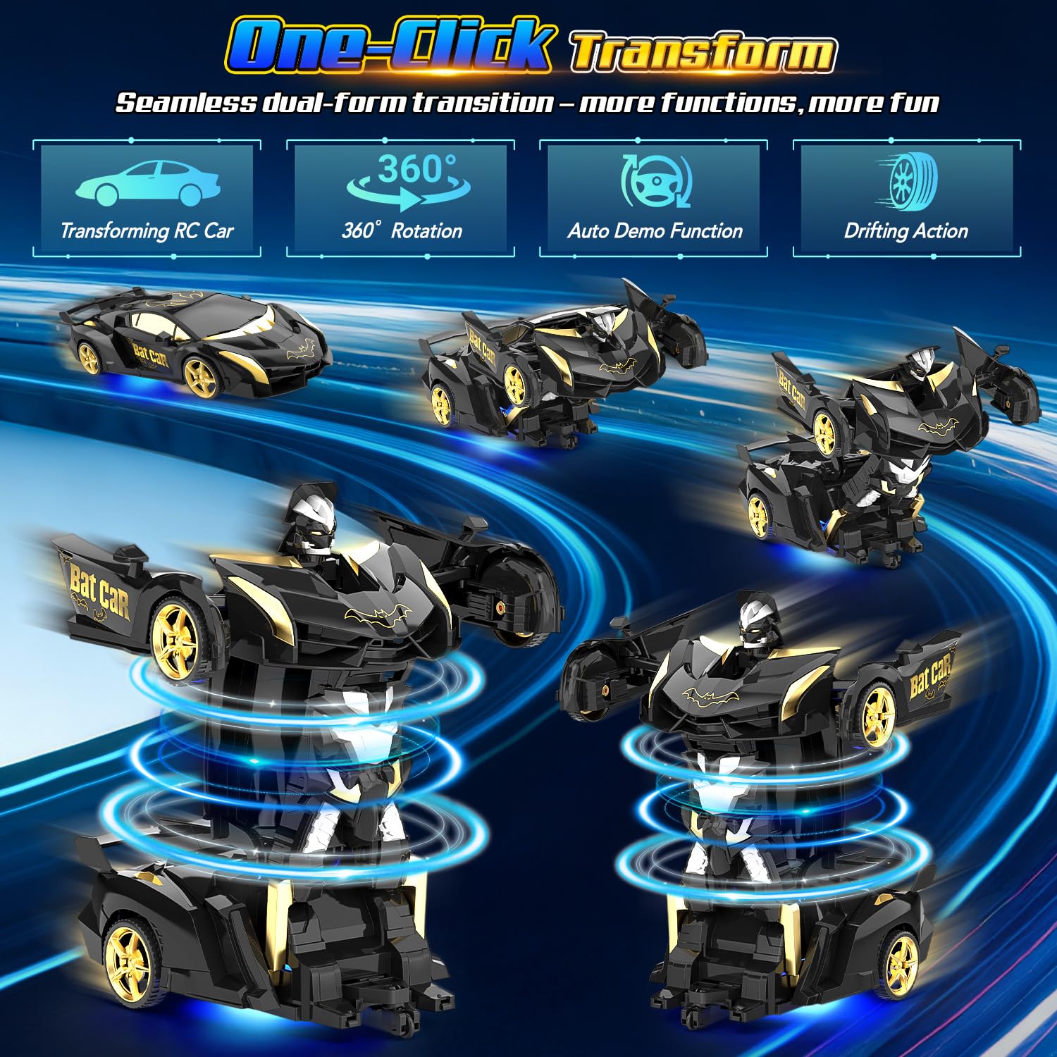 Macchina Telecomandata, 2.4GHz Trasforma Robot & RC Auto da Corsa Radiocomandata Giochi Esterno Giocattolo, Bat Cars Macchinine per Gioco Regalo Compleanno Natale Bambino Bimbi 3 4 5 6 7 8 9 Anni