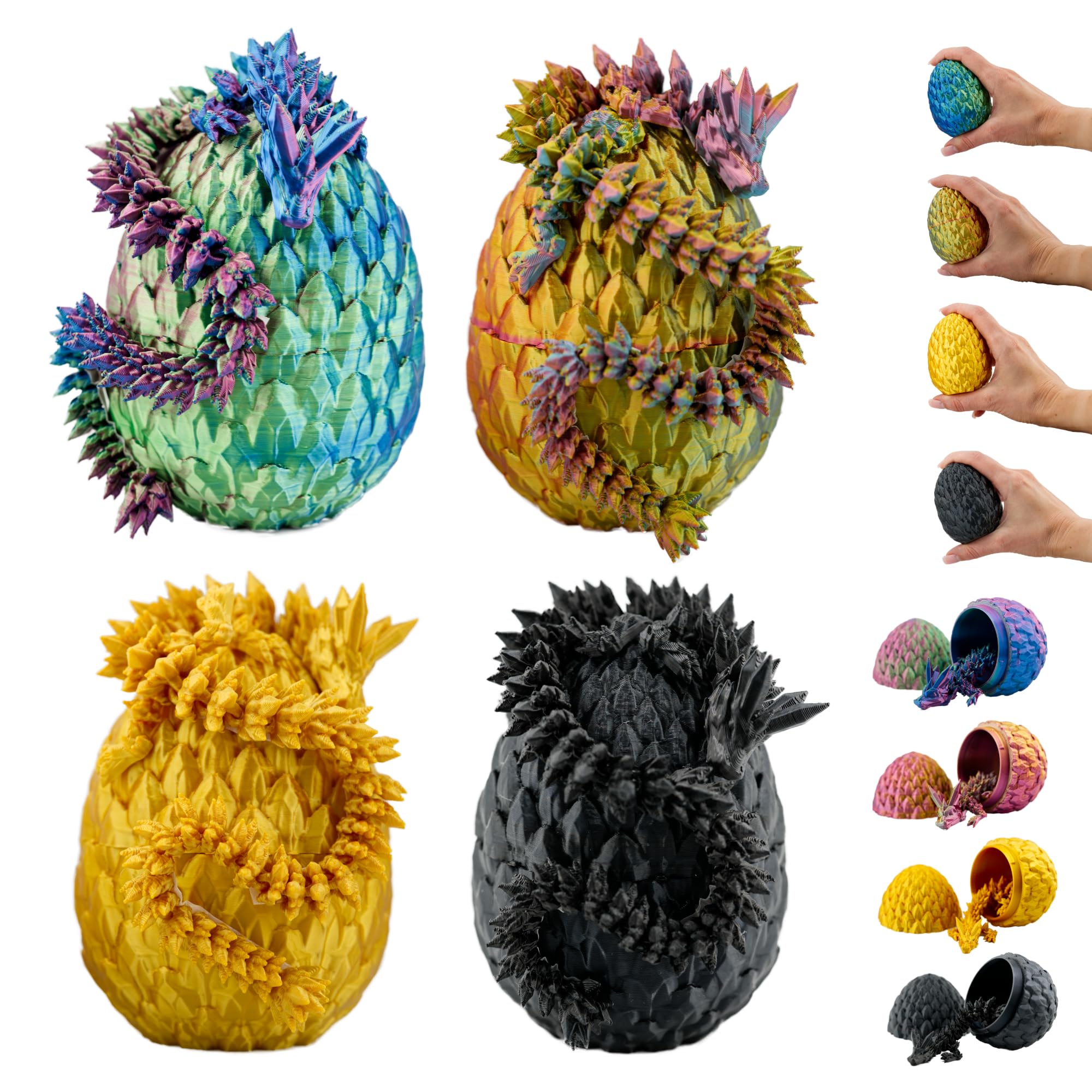 3D Dragon in Egg – Set of 4 Decorative Collectible Figurines, 7 cm Dragons in Large Multicolour Eggs, Movable Element, Fantasy Décor for Collectors (14+)