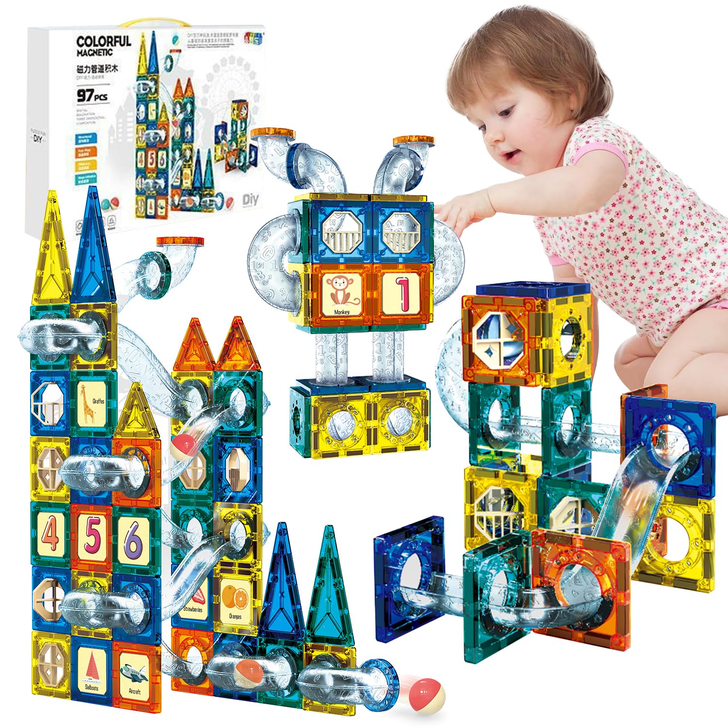 MCSWSEE Juguetes Magnéticos, Azulejos Magnéticos Juguetes para Niños, Mini Bloques Magnéticos, Juguetes Stem para Niños y Niñas de Más de 3 Años Aprendiendo Jugando Juegos para Niños Pequeños (97pcs)