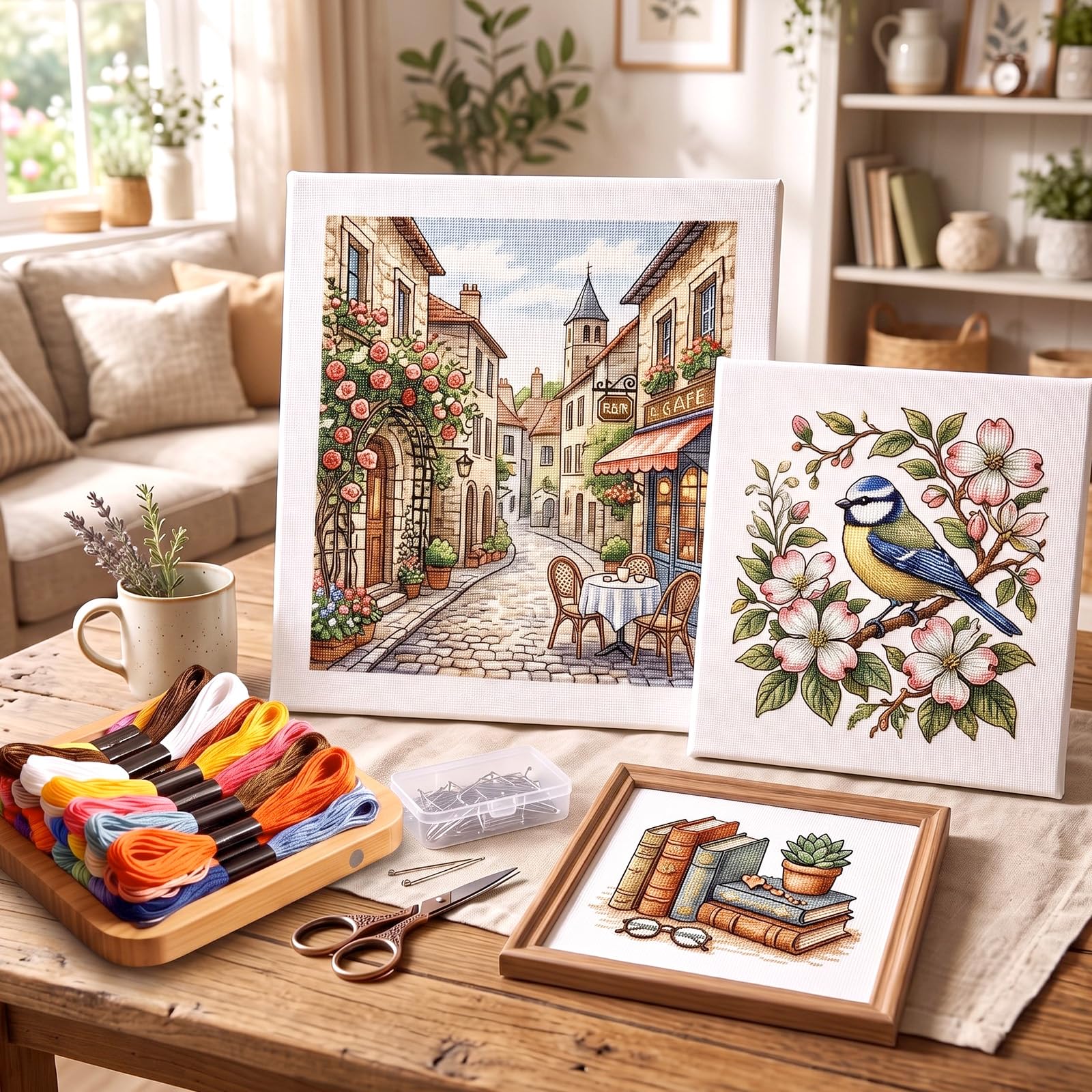 Zeyune Confezione da 4 kit di tela da ricamo con 13 maglie da 91 x 106 cm, grande tela da ricamo in cotone con 36 fili e 5 aghi, kit per principianti per lavori fai da te, decorazioni per la casa