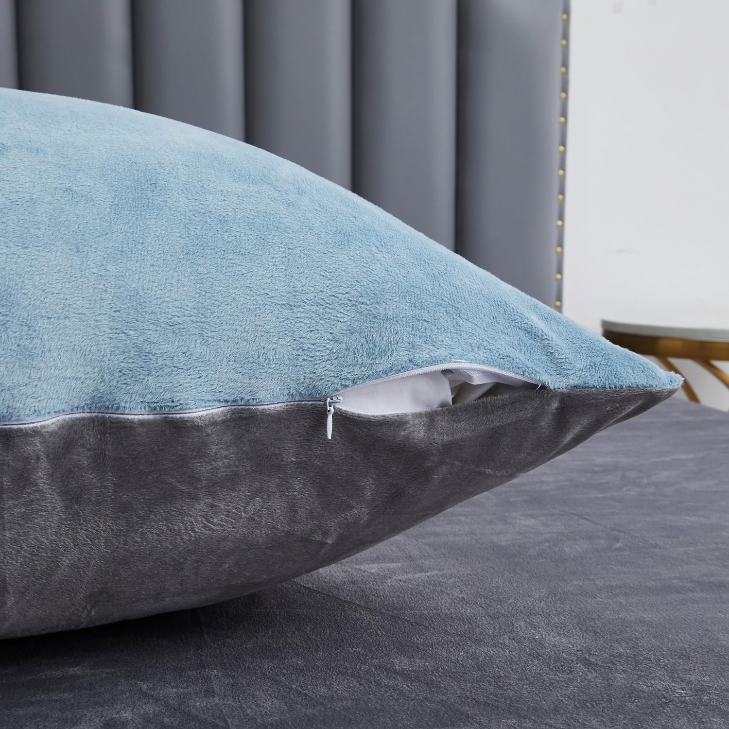 Funda de edredón de invierno de 220 x 240 cm, cálida de franela con tacto de cachemir de terciopelo azul claro y gris, suave con cremallera, ropa de cama de 2 plazas con 2 fundas de almohada de 65 x