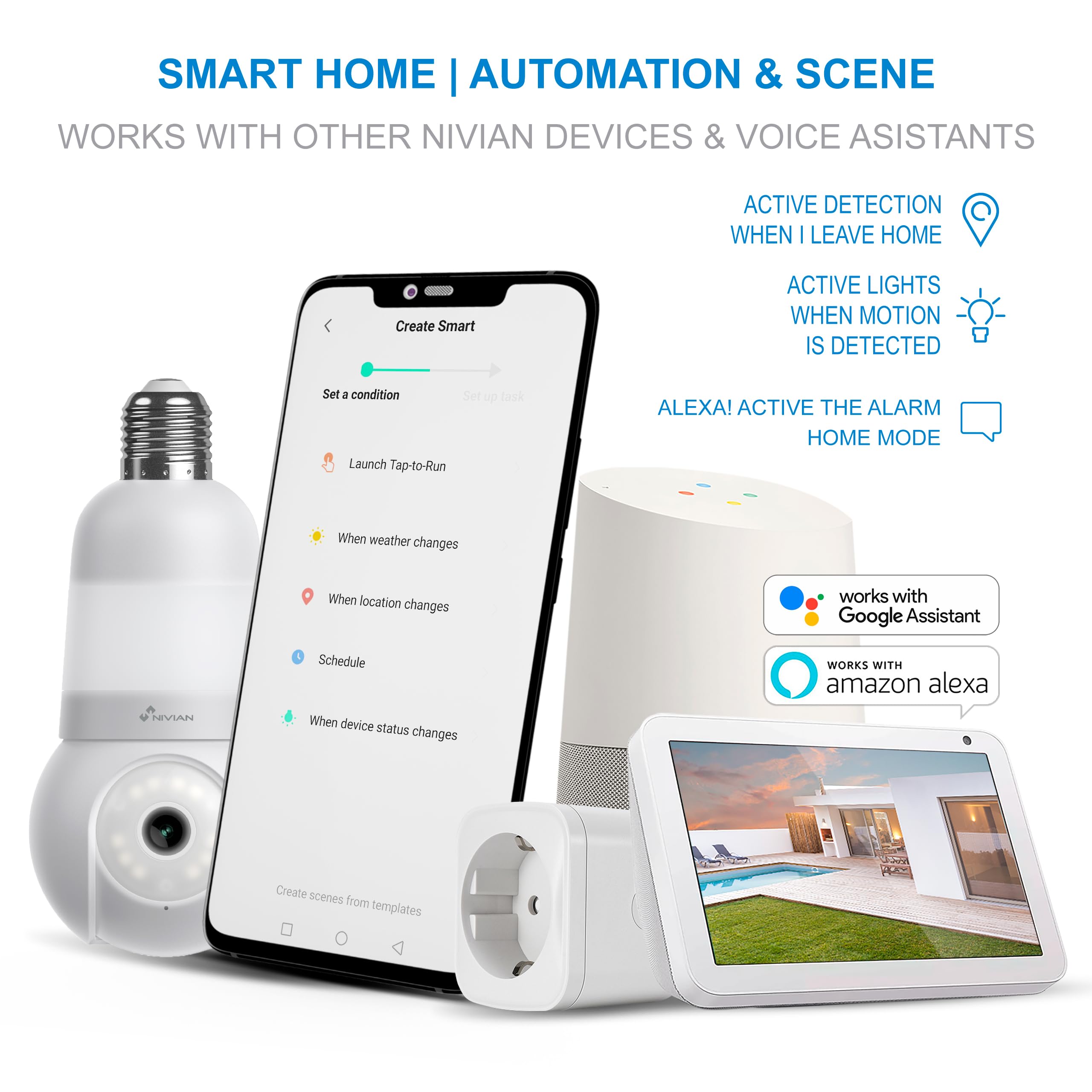 NIVIAN Cámara de vigilancia WiFi Tipo Bombilla E27 2K- Movimiento 360º con Audio, luz, Reconocimiento y Seguimiento de Humanos-Visión Nocturna, Compatible con Alexa, Google Home, Tuya App