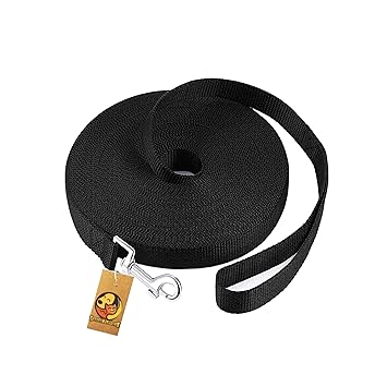 Foodie Puppies Strong Comfortable Hold Nylon Webbing Long Training Leash for Dogs with Strong Brass Hook (Black, 1 Inch, 20Ft)