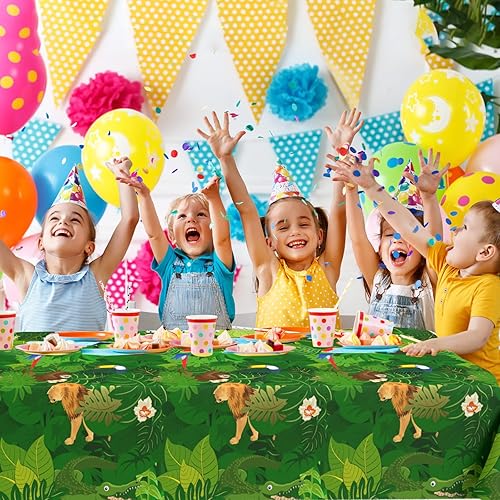 Vista 4 de Domgoge Mantel de plástico con diseño de safari de selva, rectangular, desechable, impermeable, para decoración de fiestas de cumpleaños de niños, 2