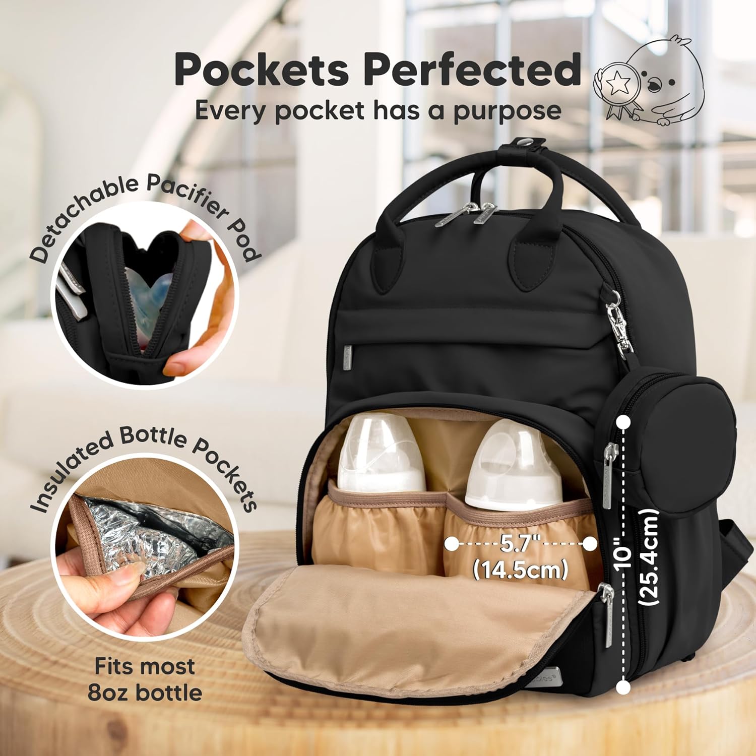 KeaBabies Diaper Bag Backpack - Multifunctional Travel Diaper Back Packs, Maternity Baby Changing Bags, Compact 18L Capacity, PU Leather, Waterproof, Unisex, Nappy Changing Pad (Trendy Black)