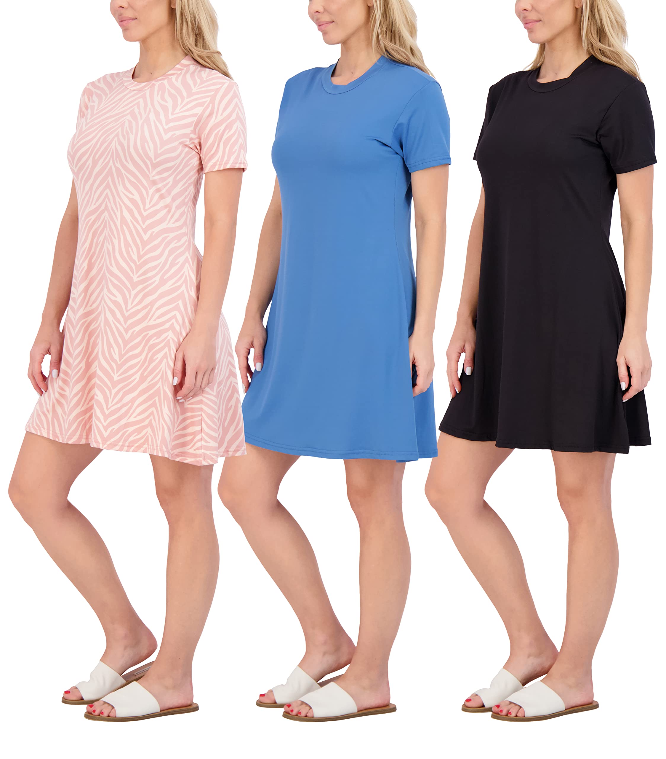 Real Essentials 3-Pack: Womens Soft Lounge Swing Casual T-Shirt Dress (Available in Plus Size)