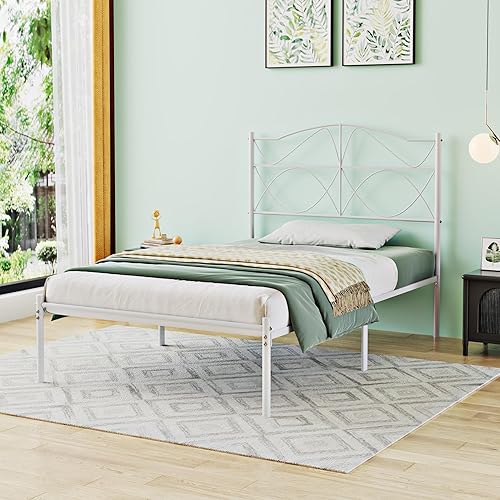 Miniatura 65 de VECELO Base de cama de plataforma metálica de tamaño matrimonial con cabecera y estribo, base de colchón de soporte de listones resistentes, no