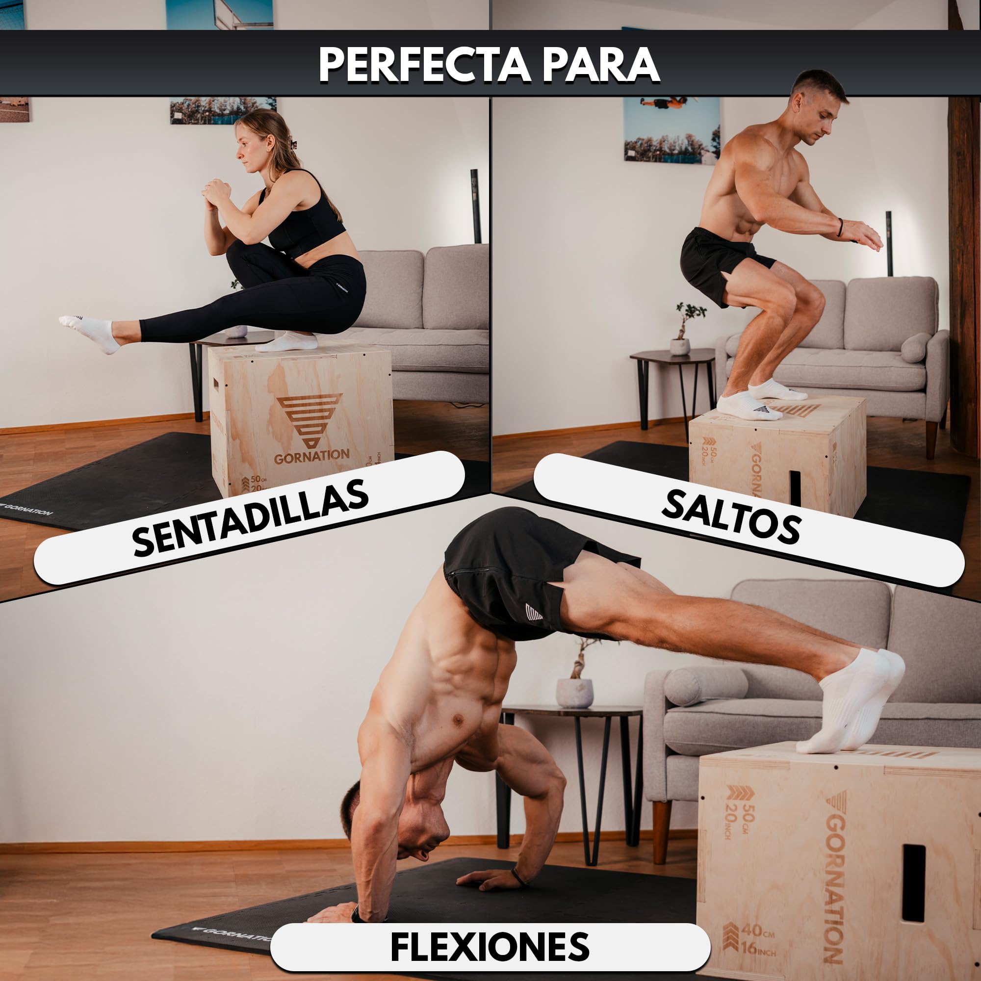 GORNATION Cajón Pliométrico 3 en 1 de Madera – Box Jump para Crossfit, Fitness y Entrenamiento en Casa, Caja de Salto Estable para Pliometría, Cardio, Functional Training y Home Gym