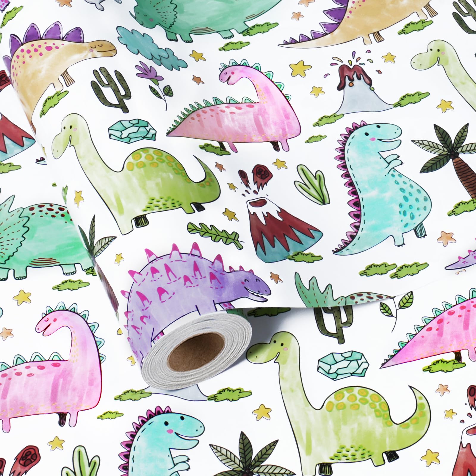 BIOBROWN Dinosaur Wrapping Paper Roll - 43cmX10m - Colorful Hand-drawn Dinosaurs Design Gift Wrap Paper for Boys, Girls, Birthday, Baby Shower, Dino Party