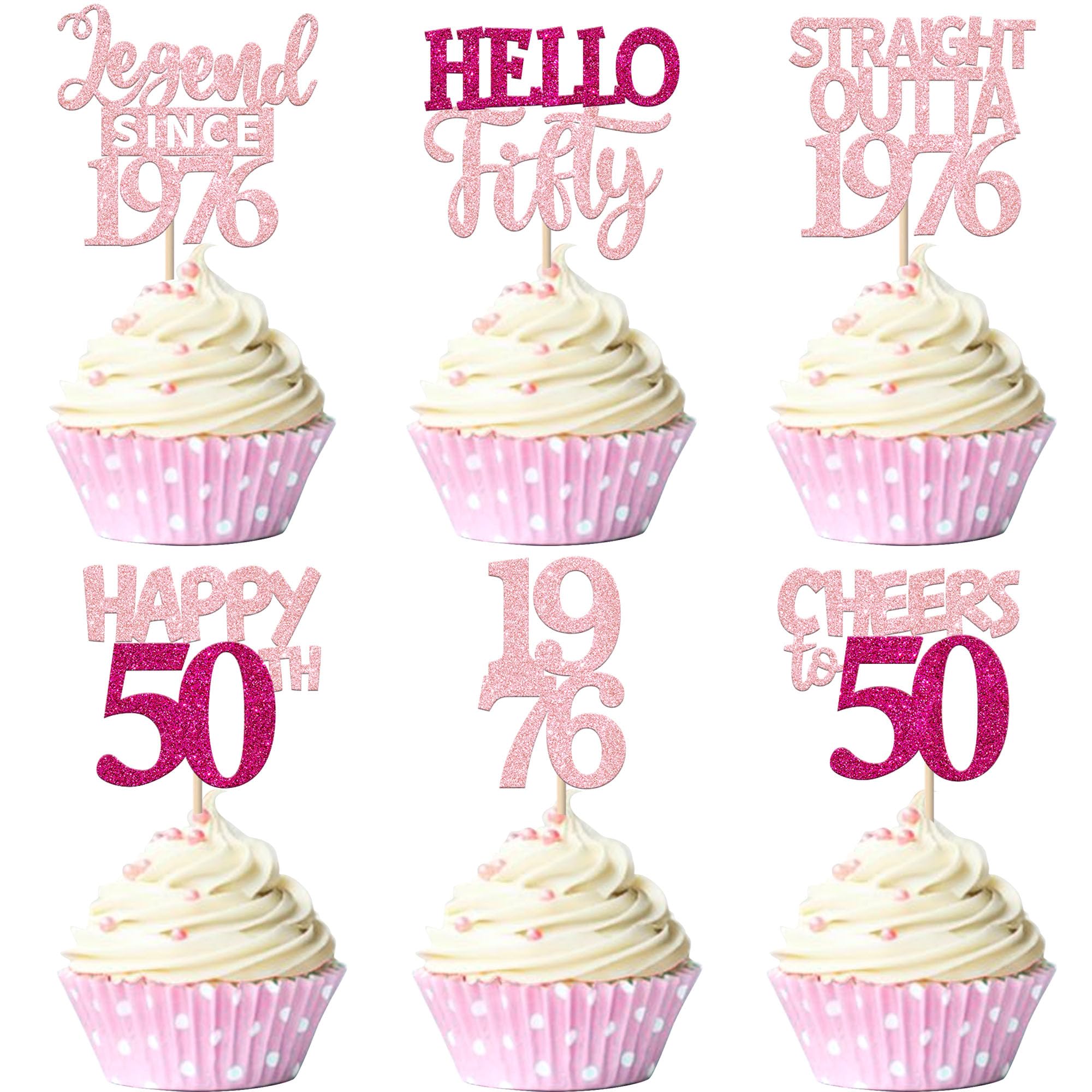 Xsstarmi 24 Pack 50th Birthday Cupcake toppers Pink Glitter Cheers to 50 years old Cupcake Picks for Hello fifty Legend Since 1976 Birthday Party Cake Decorations Supplies
